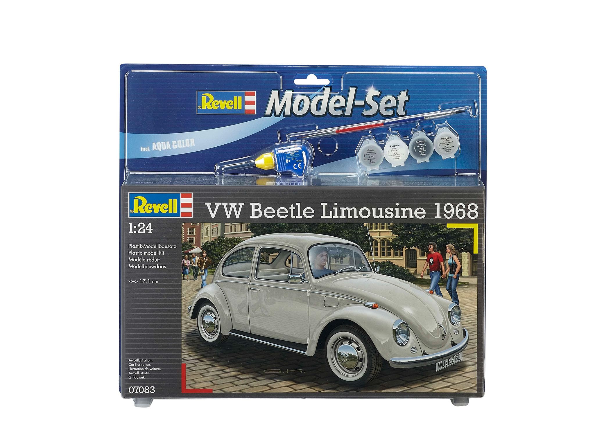 Revell Zestaw modeli 67083 VW Beetle Limousine 68 w skali 1:24, niezabudowany/niepomalowany plastikowy model z profesjonalnym klejem, pędzlem i wybranymi farbami w kolorze Aqua