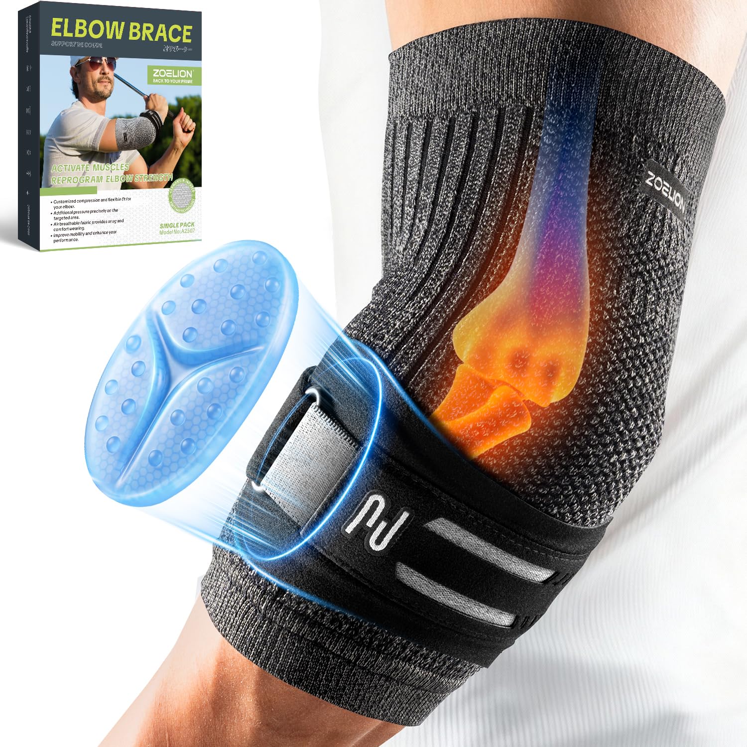 ZOELION Dual-Stütze Ellenbogenbandage mit gezieltem Silikon-Strap & Gel-Pad, Tennisarm Bandage, Ellenbogen Bandagen Herren Damen für Tennisarm, Golferarm, Sehnenentzündung, Sport