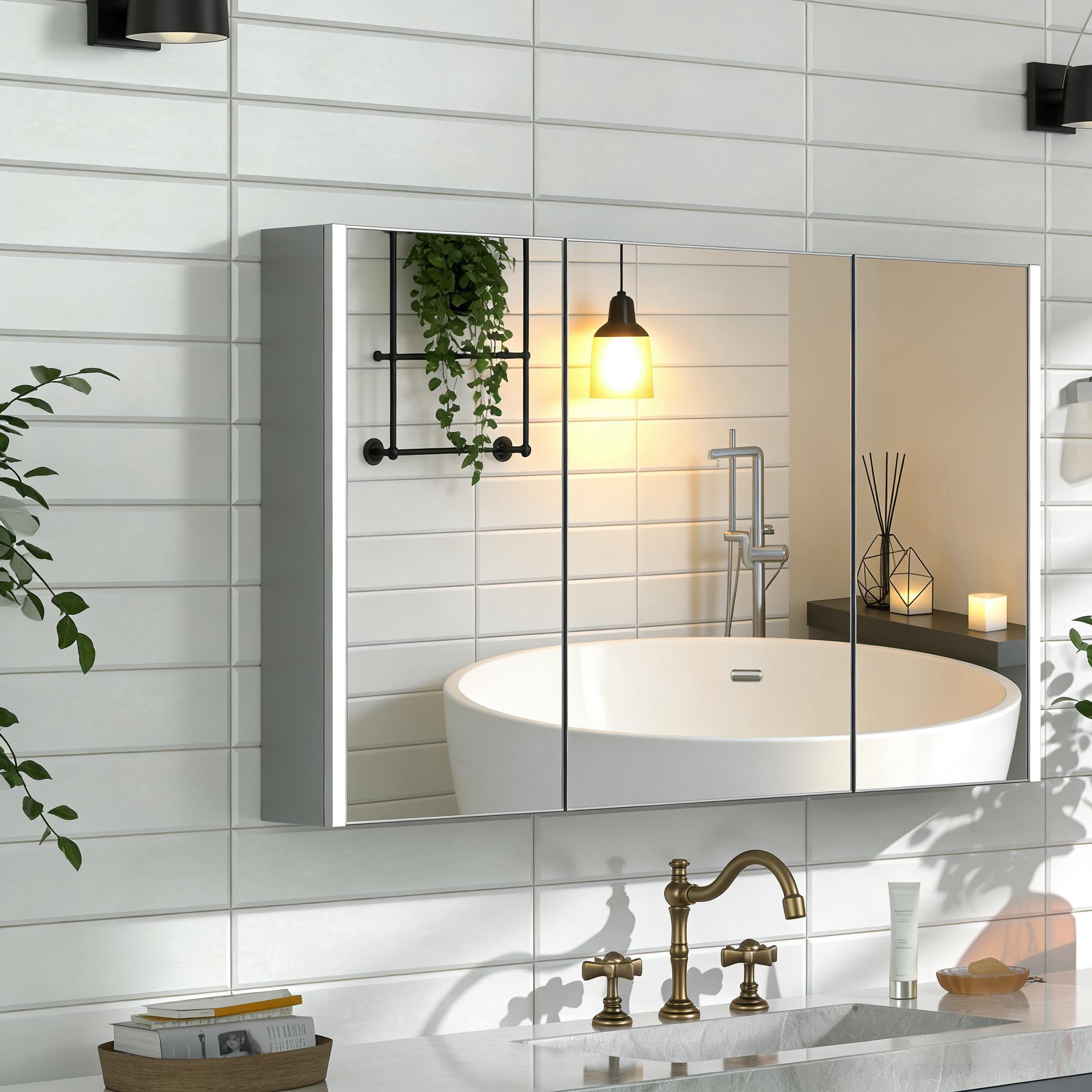 szafka z lustrem do łazienki z oświetleniem, 100x70x13 cm, szafka z lustrem do łazienki, lustro łazienkowe z oświetleniem LED, szafka łazienkowa z 3 drzwiami, możliwość regulacji jasności