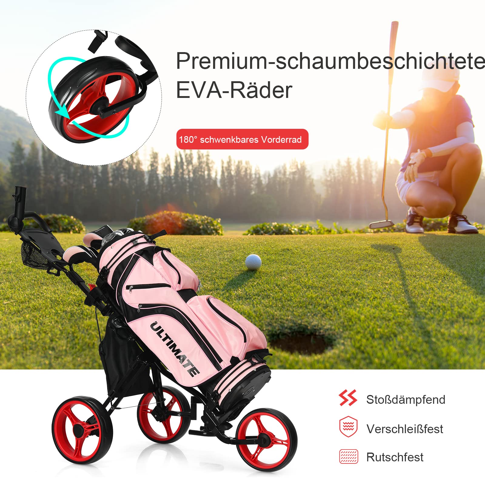 GYMAX Golf Push Trolley klappbar, 3-Rad Golfwagen mit Sitz & Verstellbarer Griff, Golftrolley, Golfcaddy, Golf Push Cart inkl. Scoreboard, Flaschehalter, Schirmhalter & Aufbewahrungstasche