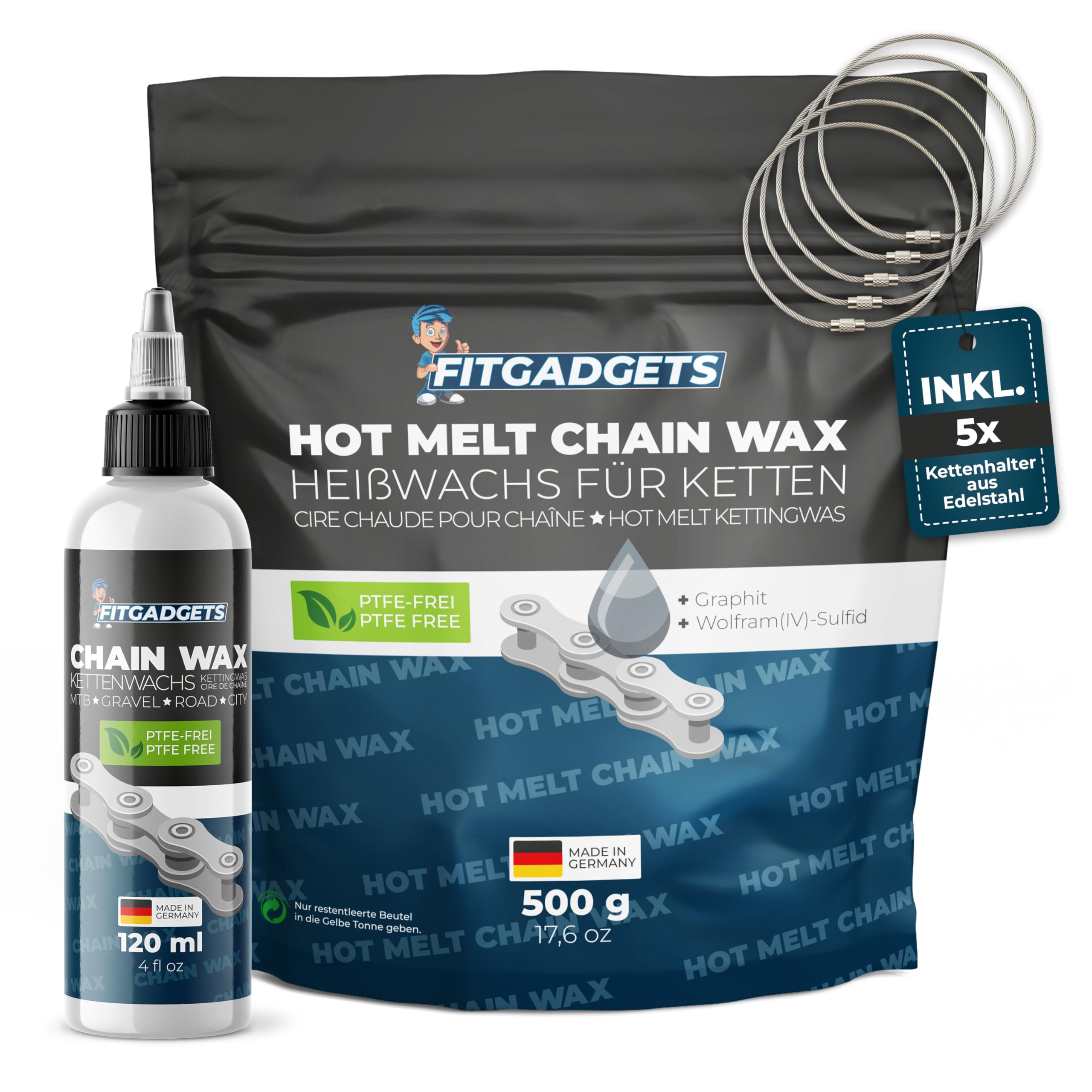 Fitgadgets Chain Wax Starter-Set, Kettenwachs Spar-Komplettset, 500g Heißwachs Pellets, 120ml Kettenwachs, 5 Kettenhalter, für Gravelbike, Rennrad, MTB & E-Bike