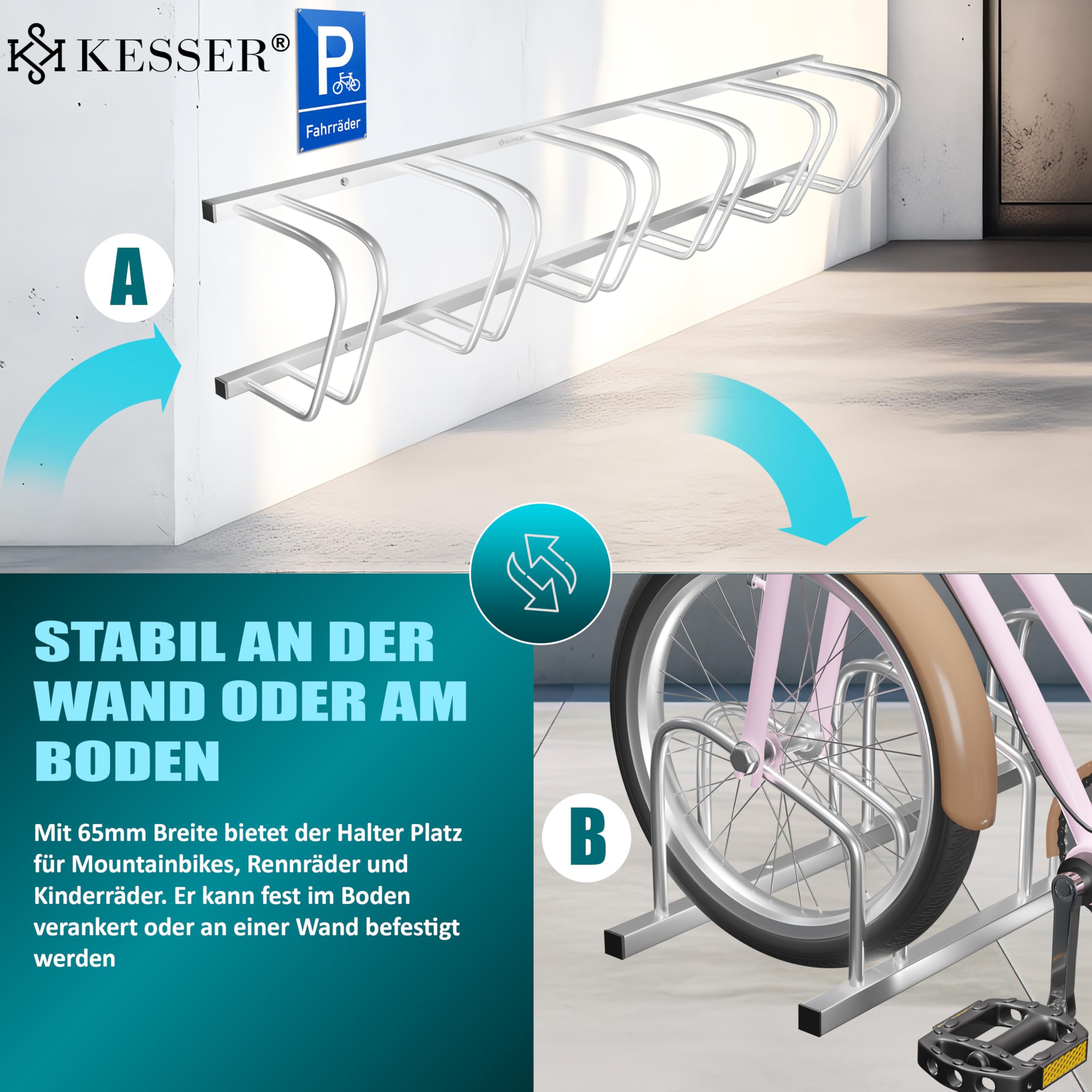 KESSER Fahrradstnder fr 3 Fahrrder inkl. Parkschild | Mehrfachstnder  mit 37cm Radabstand fr 30-65mm Reifenbreite | Fahrradhalter  Aufstellstnder fr Boden- oder Wandmontage | Radstnder Silber :  Amazon.de: Baumarkt