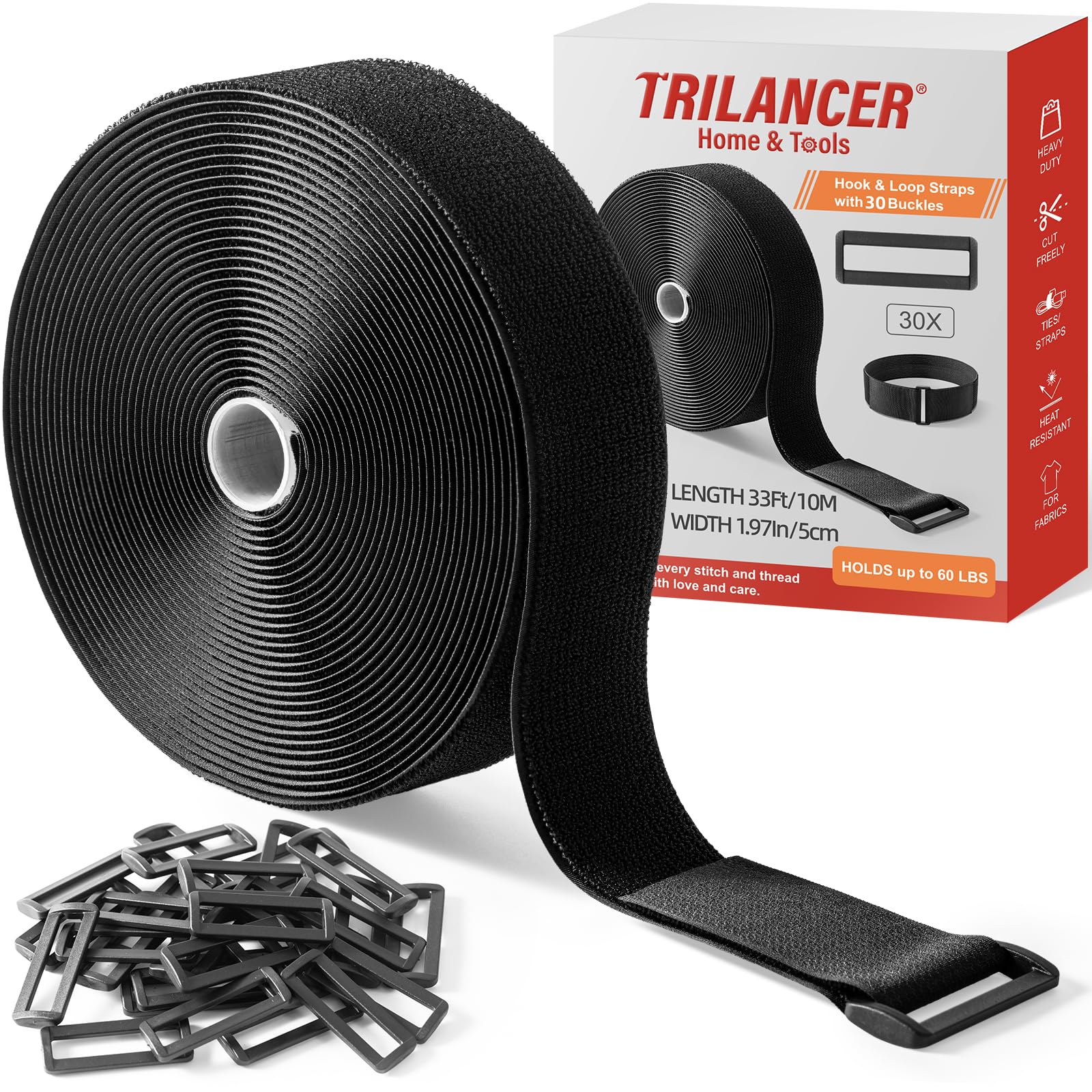 Trilancer 10M x 5CM Heavy Duty Hook and Loop Straps with 30 Buckles – Adjustable, Cut-to-Length, Reusable Cinch Straps for Securing Cables, Hoses, Pipes, and More