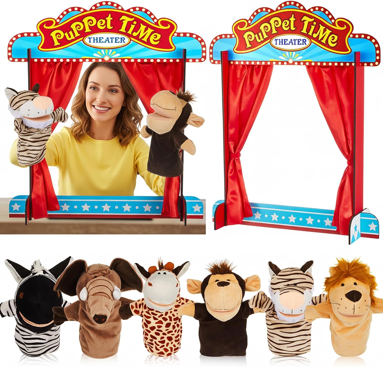7 Pcs Wooden Puppet Show Theater Animal Hand Set Puppet Show Stage Puppets Soft Animal Puppets