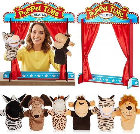 7 Pcs Wooden Puppet Show Theater Animal Hand Set Puppet Show Stage Puppets Soft Animal Puppets