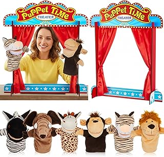 7 Pcs Wooden Puppet Show Theater Animal Hand Set Puppet Show Stage Puppets Soft Animal Puppets