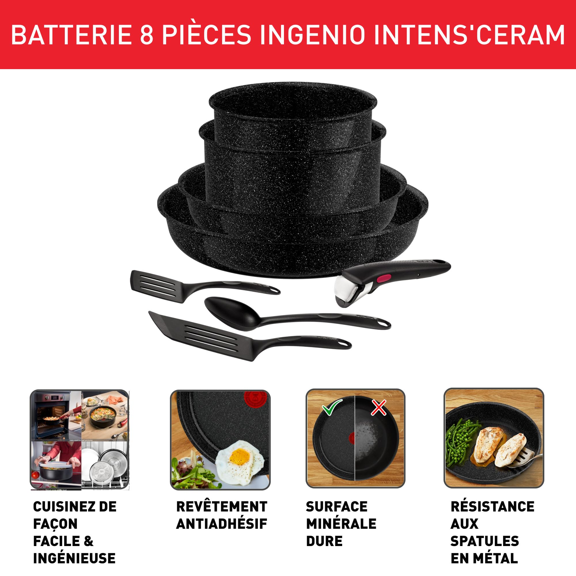 Tefal Ingenio, Lot 8pièces, Revêtement céramique antiadhésif, Induction, Casseroles, Poêles, Poignée amovible, Fabriqué en France, Intens' Ceram, L2649802