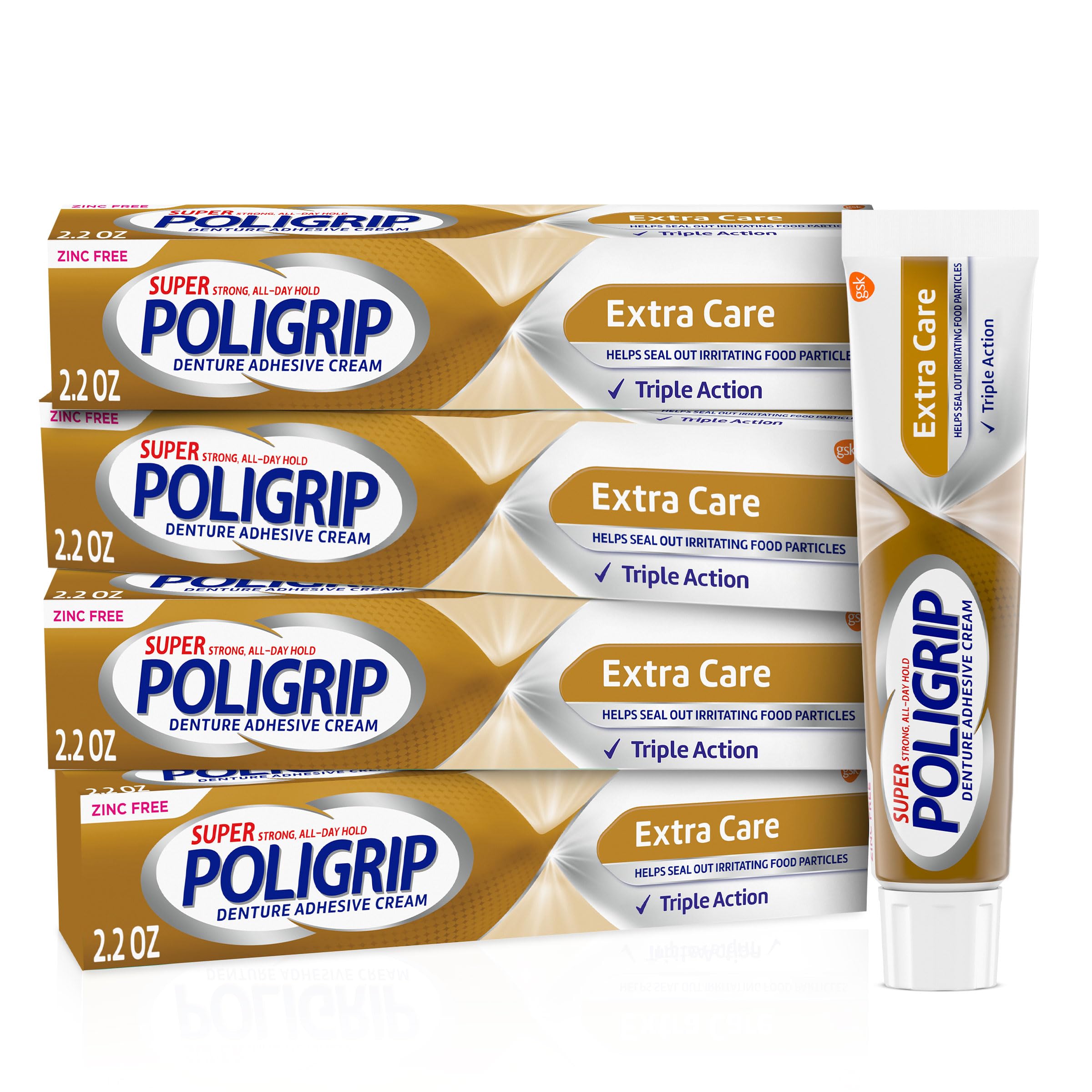 Super Poli-Grip Extra Care Denture Adhesive Cream, Zinc Free Denture Cream - 2.2 Ounces (Pack of 4)