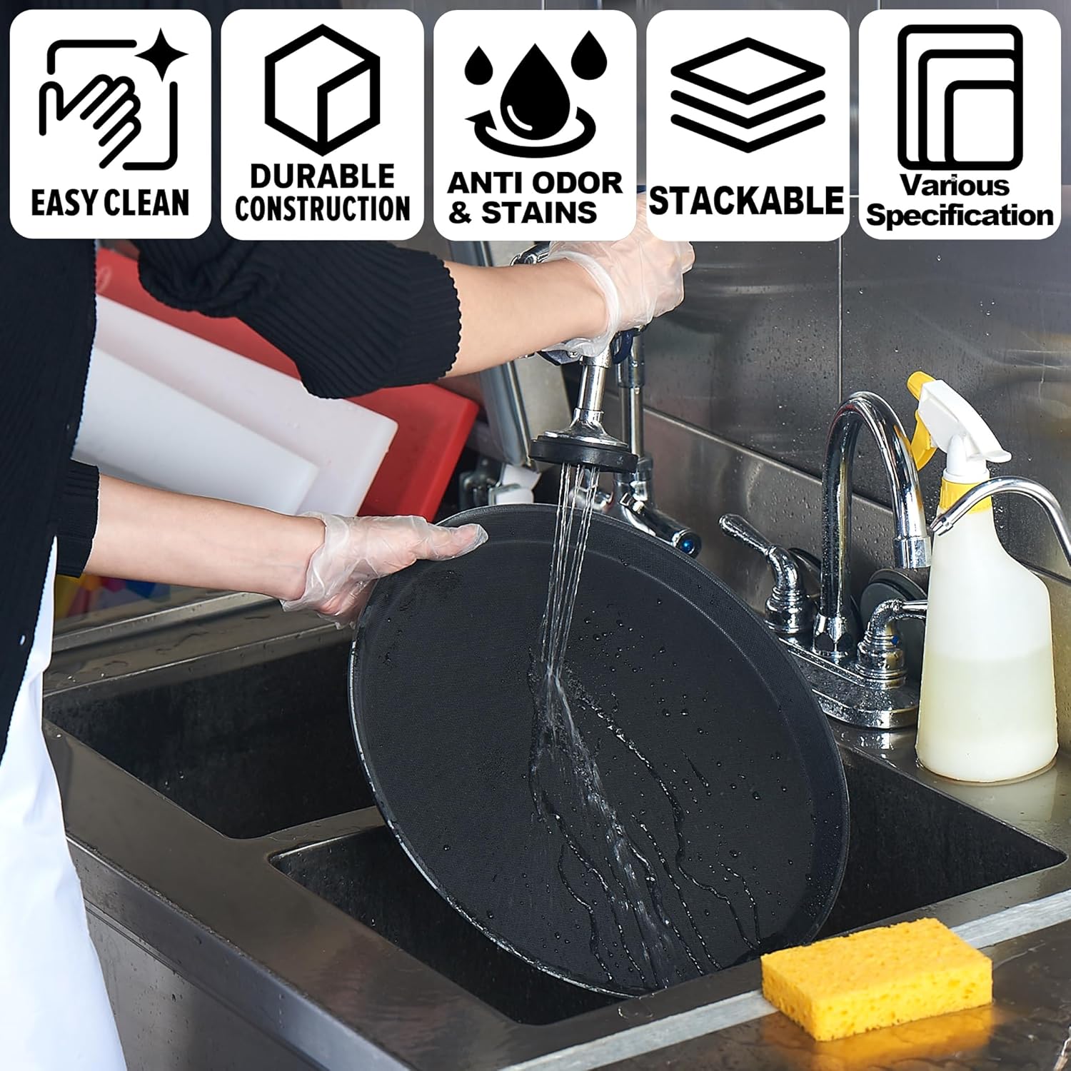 CURTA 2-Pack Restaurant Grade Non-Slip Tray, NSF, Oval 22-Inch x 27-Inch, Plastic Rubber Lined Round Serving Tray, Black - Image 6