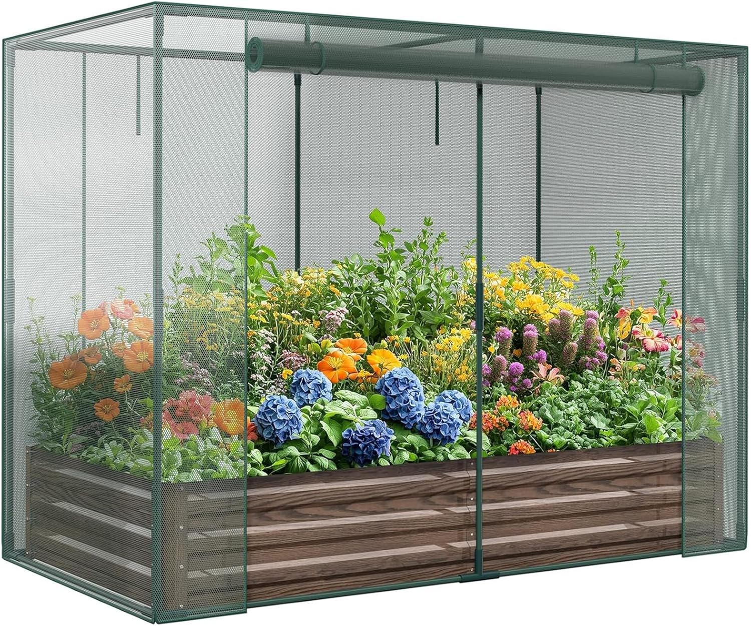 DoCred Crop Cage with Raised Garden Bed, 84.6" x 45.3" x 59" Plant Protection Tent Garden Cages with Window, 2 in 1 Galvanized Raised Garden Bed Kit and Mesh Cover for Garden, Yard, Lawn