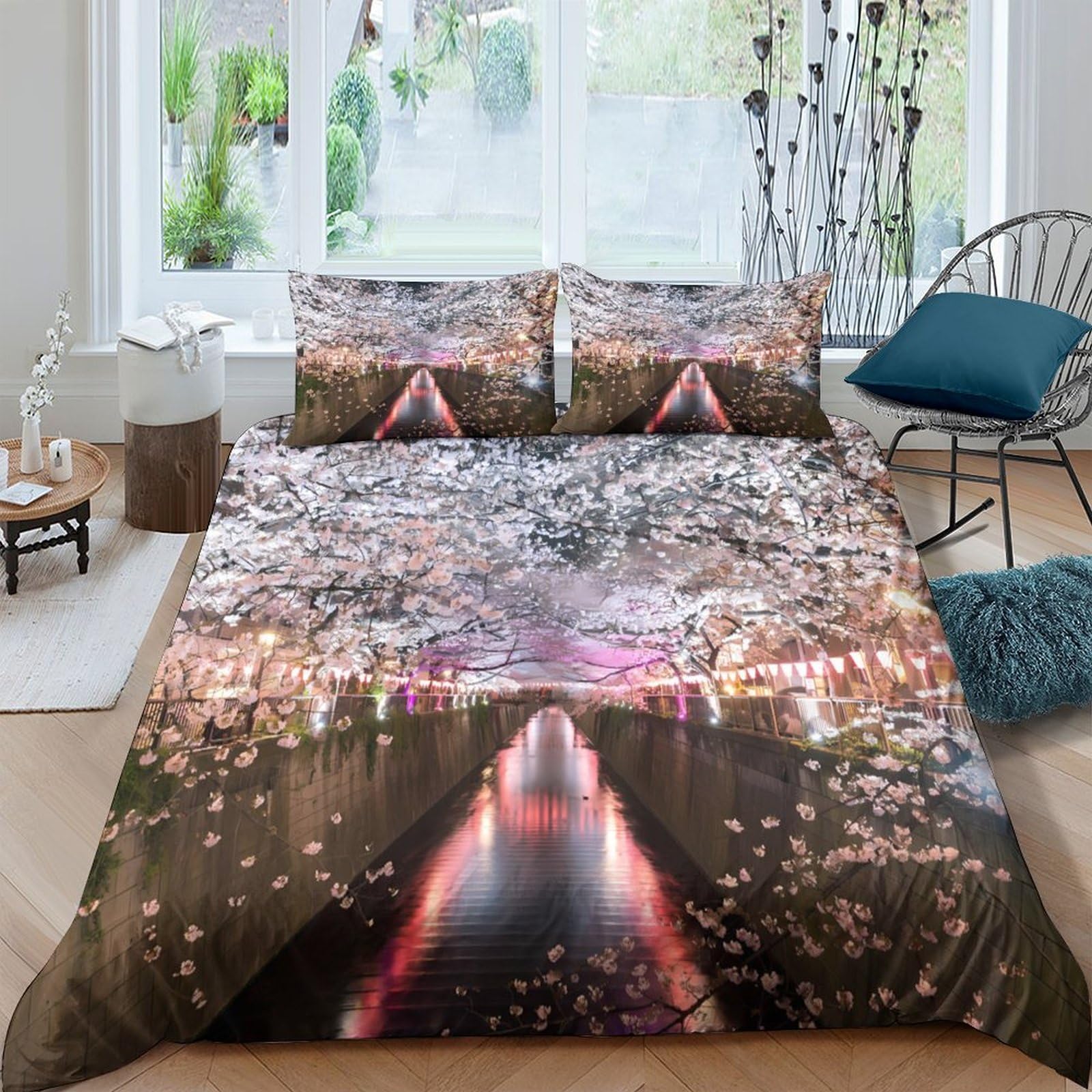 Ctjqhvkz Style-7 3D Printed Cherry Blossom River Fitted Sheet Microfiber Soft Pink Scenic Bed Cover For Bedroom Guestroom Decor Single（135X200cm）