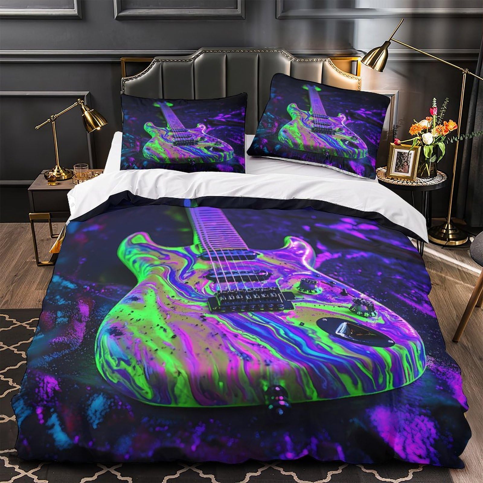 Housse de couette guitare néon 3D microfibre parure de lit single pour garçon
