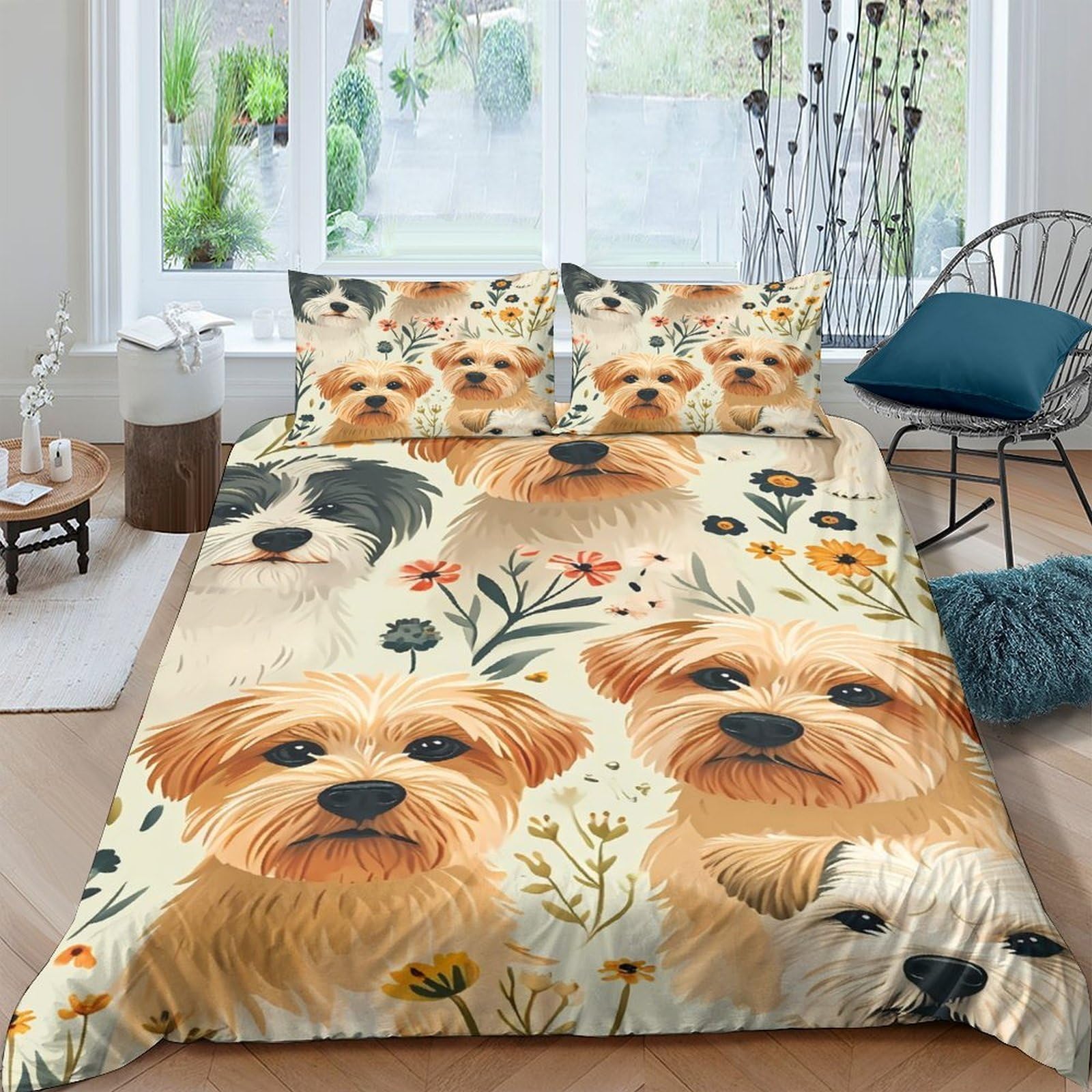GPLZQXKJNH 3D Printed Yorkshire Terrier Dog Duvet Cover Microfiber Soft Breathable Puppy Floral Bedding Set with 2 Pillowcases for Bedroom Decor Single（135x200cm）