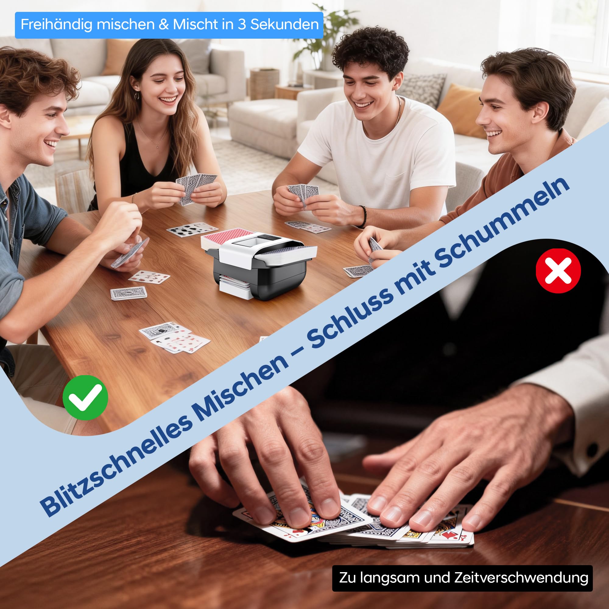 Automatischer Kartenmischer 1-2 Deck, Automatischer Mischmaschine Karten, Wiederaufladbarer Kartenmischer mit Dual-Modi, Card Shuffler für UNO, Poker, Texas Hold‘em, Blackjack & Spieleabende