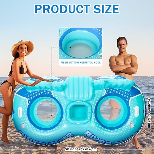 Miniatura 2 de ShinyRelief Flotador inflable de tubo de río, flotador de piscina resistente para 2 personas con enfriador integrado, respaldo ergonómico y