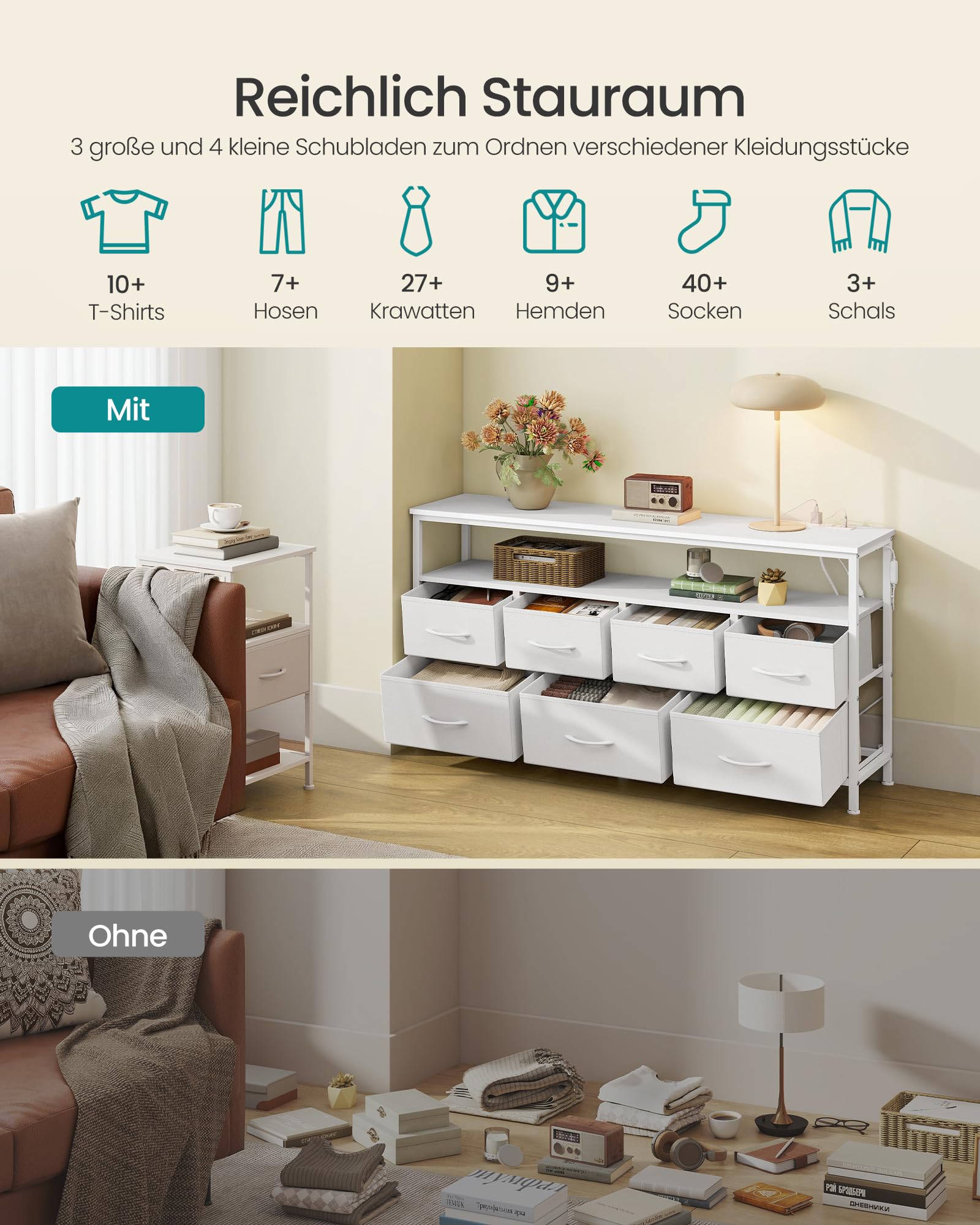 SONGMICS BELLAH Kollektion - Kommode, Schrank, App-gesteuerte LED-Beleuchtung, Sideboard mit Ladestation, 1 Ablage, 7 Schubladen, modern, wolkenweiß LGS733WH01