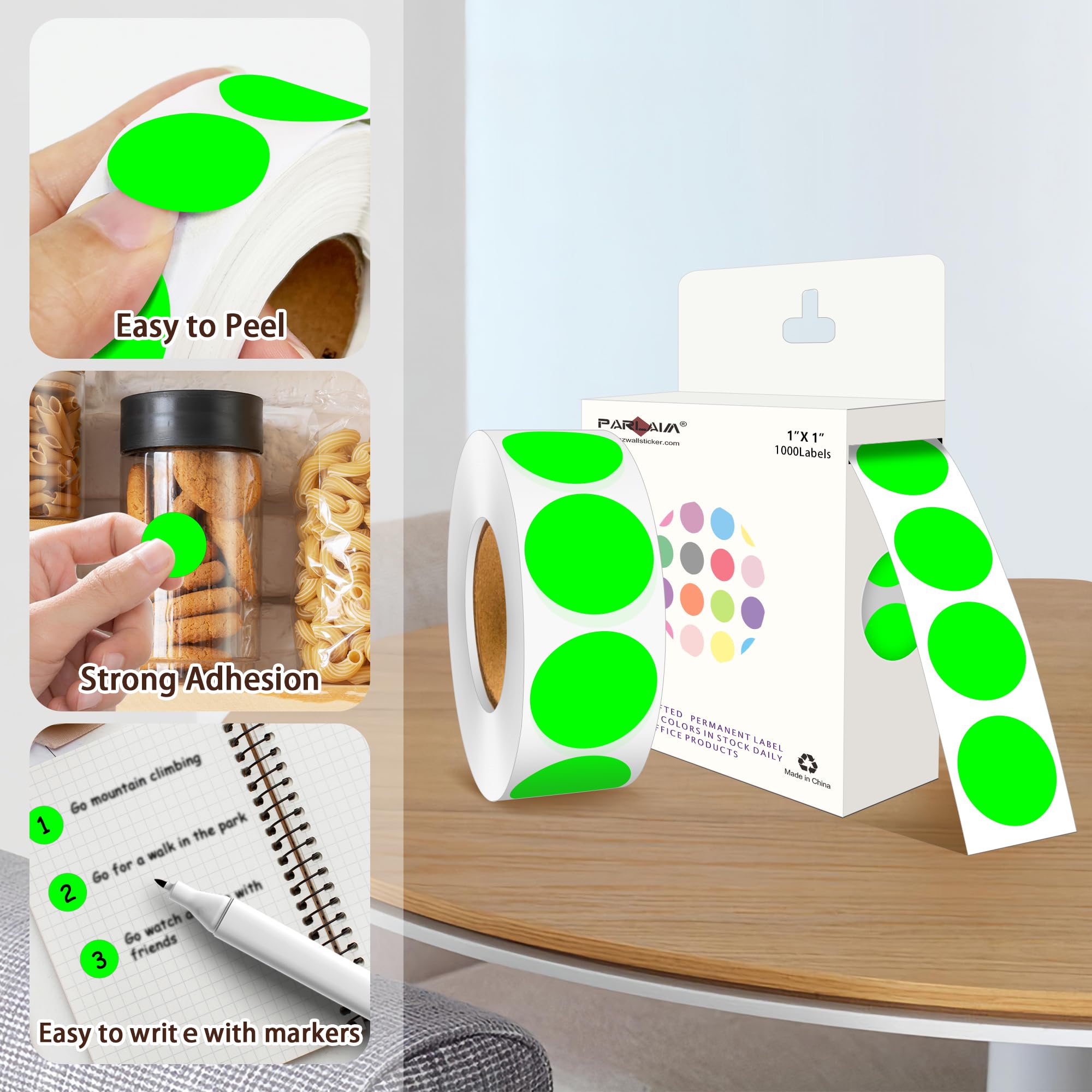 PARLAIM Lot de 10 rouleaux de 10 rouleaux de 10 rouleaux de 10 rouleaux à coder par couleur, boîte distributrice d'étiquettes, vert fluorescent, pour bureau et maison (vert fluo)