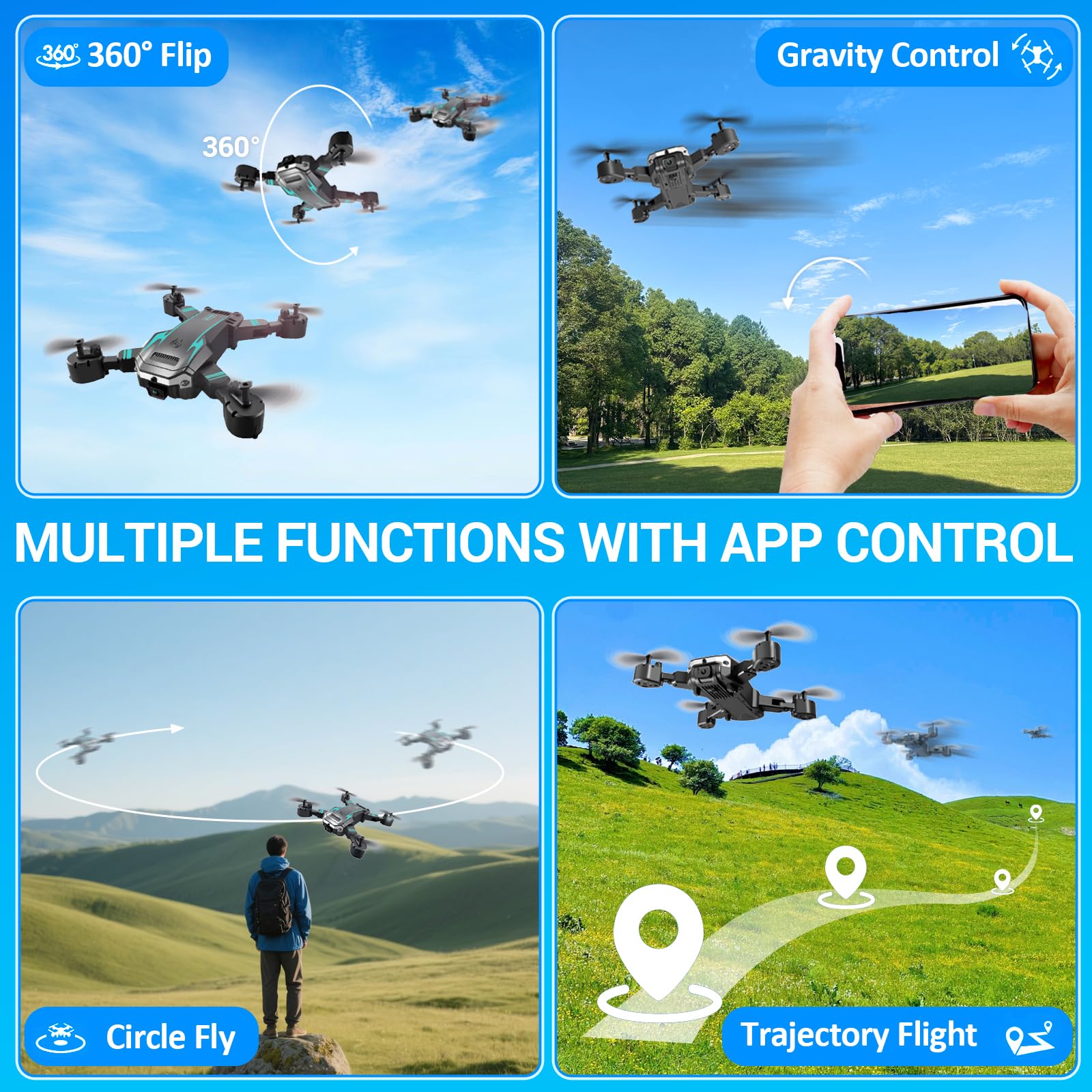 Drone con Doppia Camera HD per Principianti, Drone Pieghevole per Bambini, 3D Flip, Decollo/Atterraggio 1 Tasto, Modalità Headless, Volo a Waypoint, per Bambini o Novizi, 2 Batterie