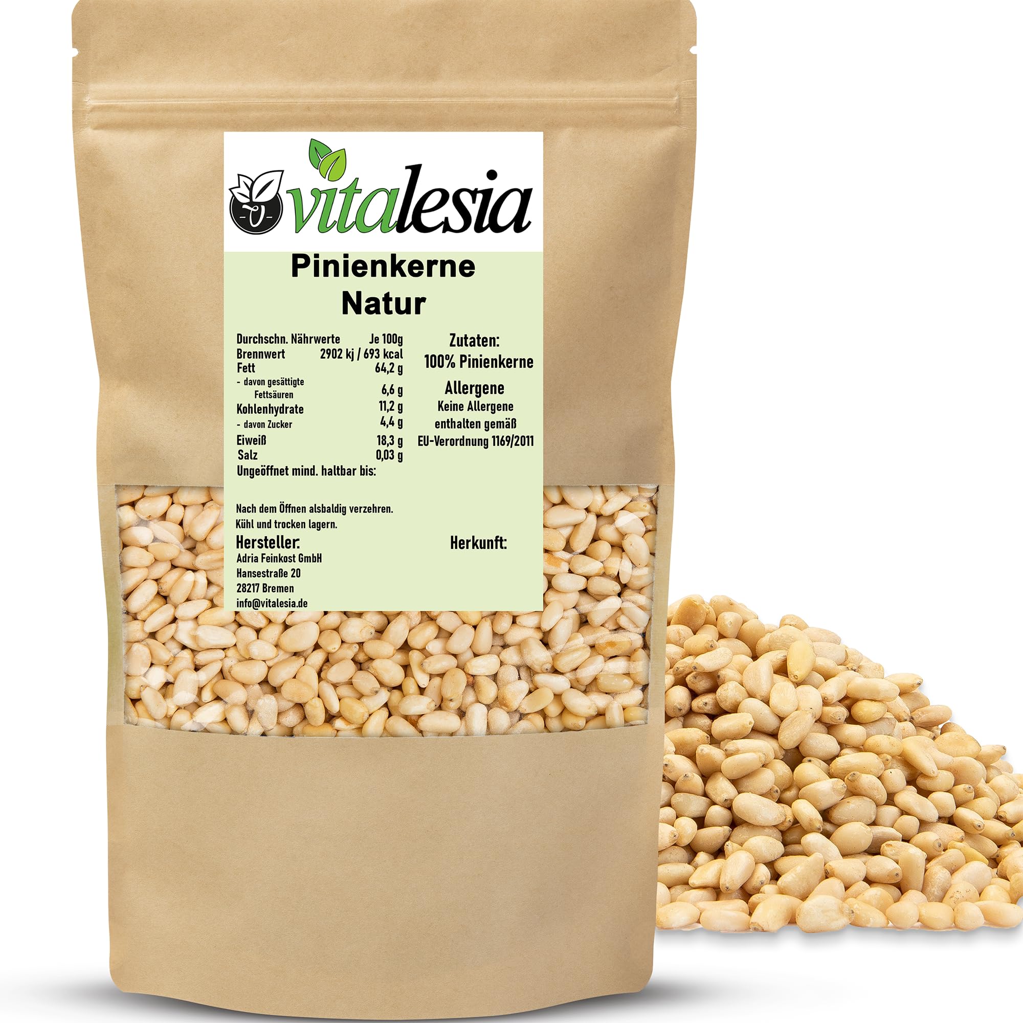Vitalesia Pinienkerne naturbelassen 250g | Premium Qualität | ungeröstet & ungesalzen | geschält | ohne Zusätze | roh | mild-nussig | glutenfrei | vegan