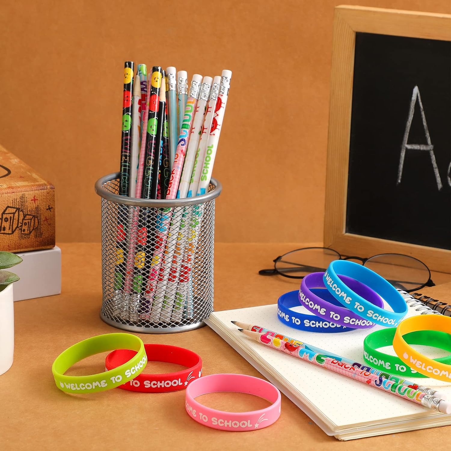 32 Pcs Welcome Back to School Pencils Welcome to School Rubber Bracelets Silicone Wristbands First Day of School Gifts Rewards School Stationery Party Supplies for Students Kids Girls Boys