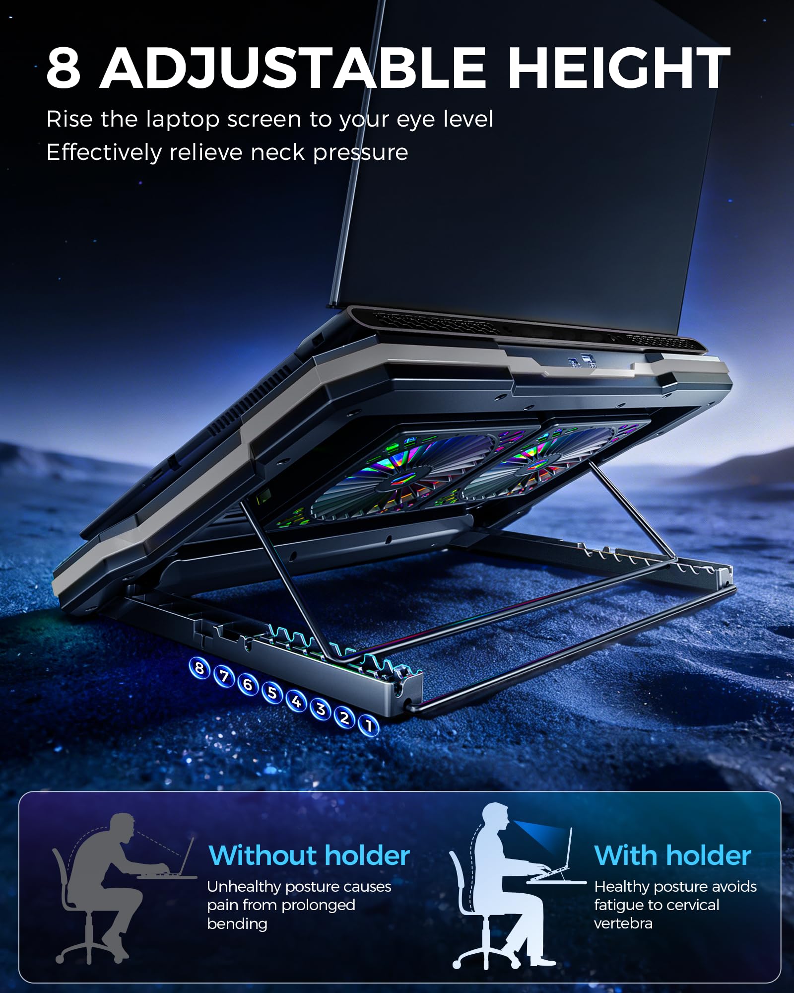 ChillCore 2 ventole staccabili RGB Gaming Laptop Cooling Pad, raffreddamento rapido per laptop da 15,6-49 cm, controllo della velocità variabile, 8 altezze regolabili - K6 RGB