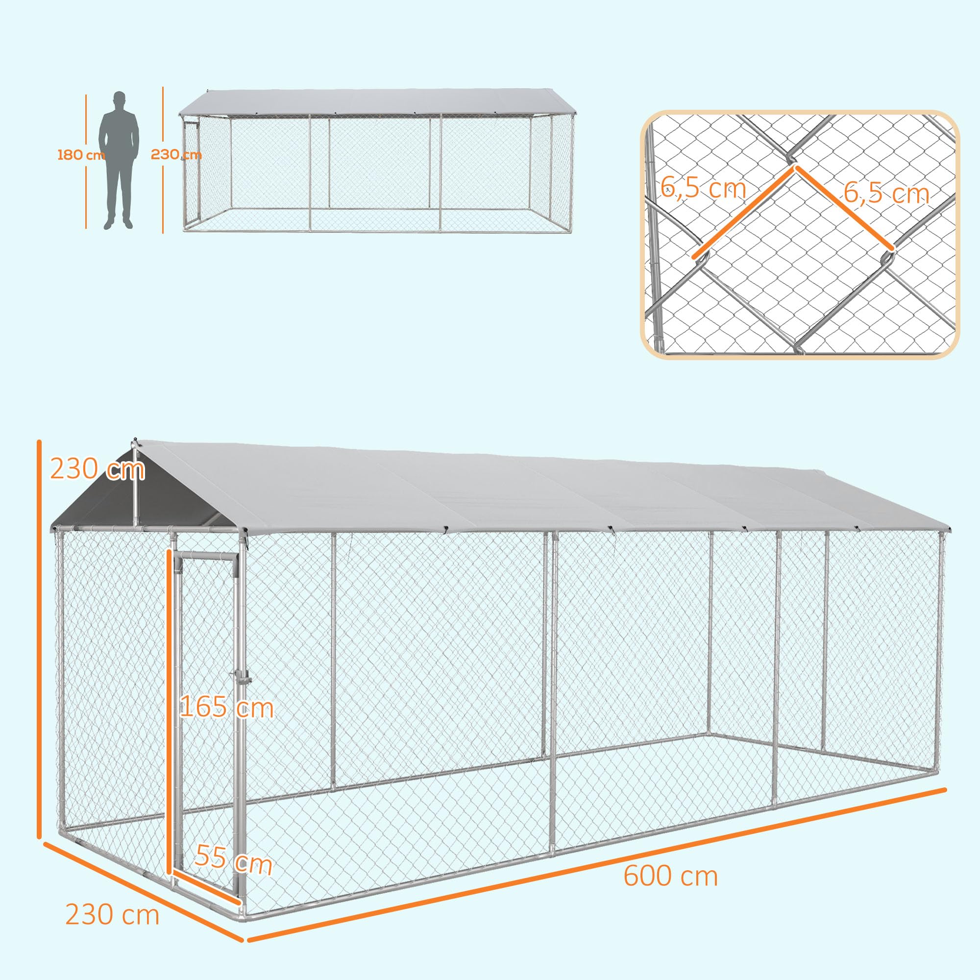 PawHut Perrera Jaula para Perros de Exterior con Puerta Perrera para Perros con Marco de Acero Toldo Impermeable y Anti-UV 600x230x230 cm Plata