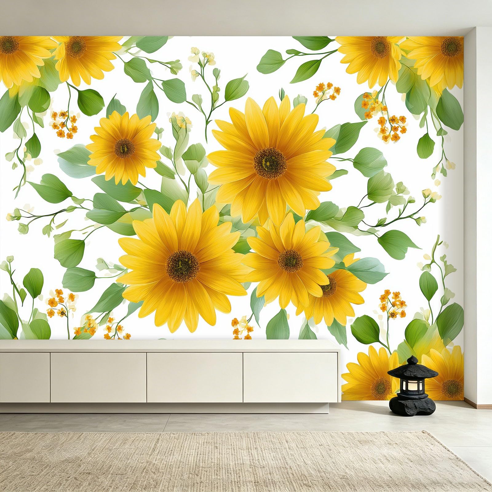 Générique Panoramiczna tapeta z włókniny 350x256cm - roślina słonecznik zielony liść, plakat ścienny kwiaty szampańskie do salonu, sypialni i biura - Fototapeta 3D, dekoracja