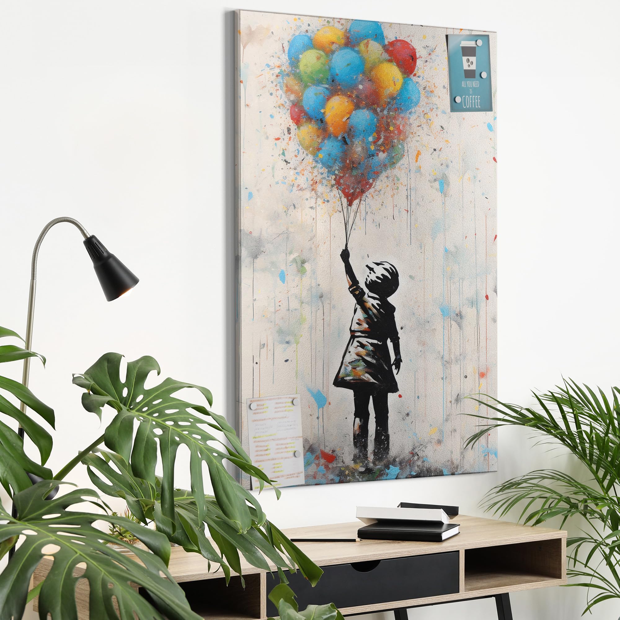 Metalowa tablica magnetyczna, wymiary 60 x 90 cm, motyw "marzenie balonów", tablica suchościeralna na wszystkie magnesy, tablica magnetyczna do kuchni i biura, designerska tablica do