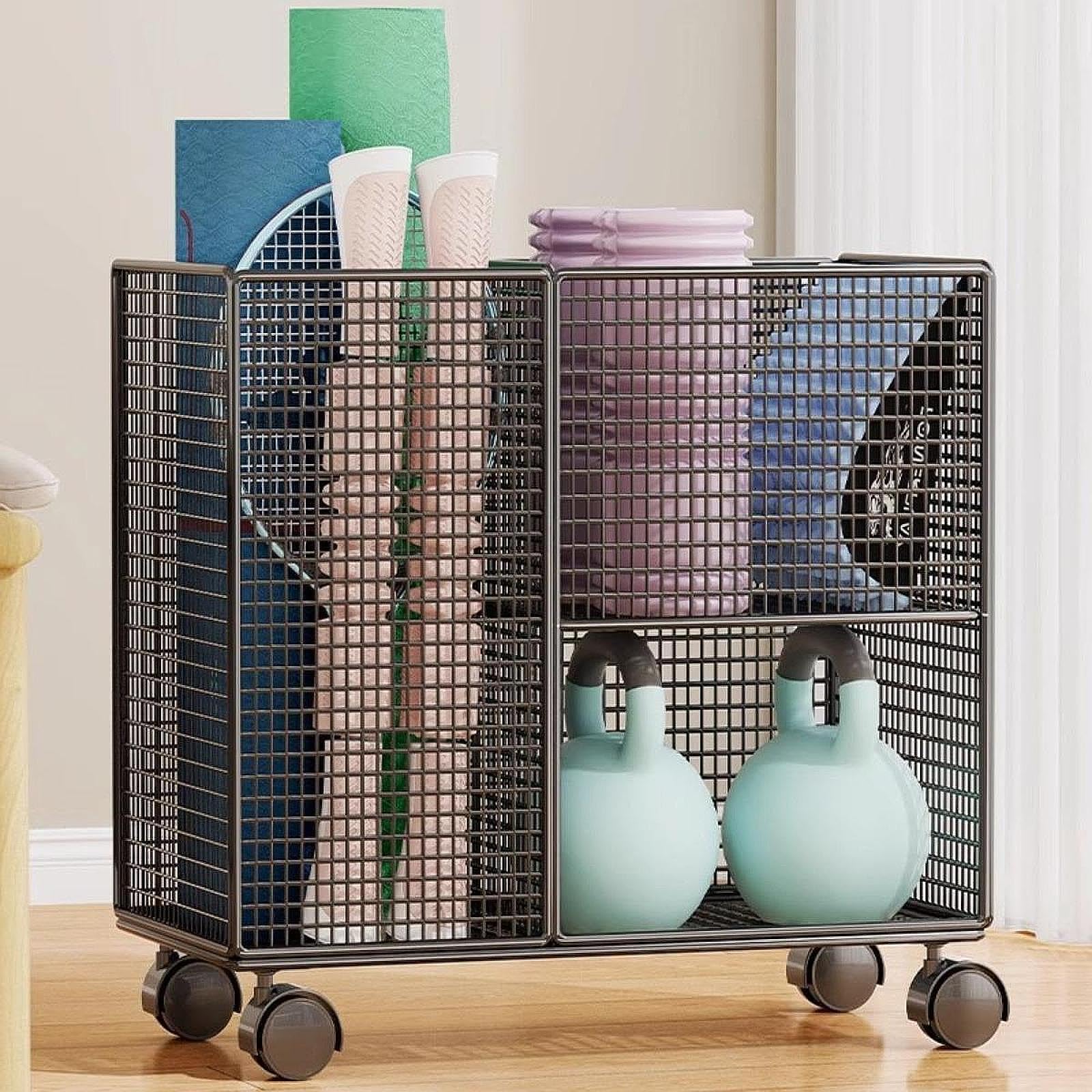 Yogamatten Aufbewahrungsregal, Heimfitness Aufbewahrungsregal mit großem Fassungsvermögen zur übersichtlichen und griffbereiten Aufbewahrung von Trainingsgeräten, Schwarz, 50 x 28 x 43 cm