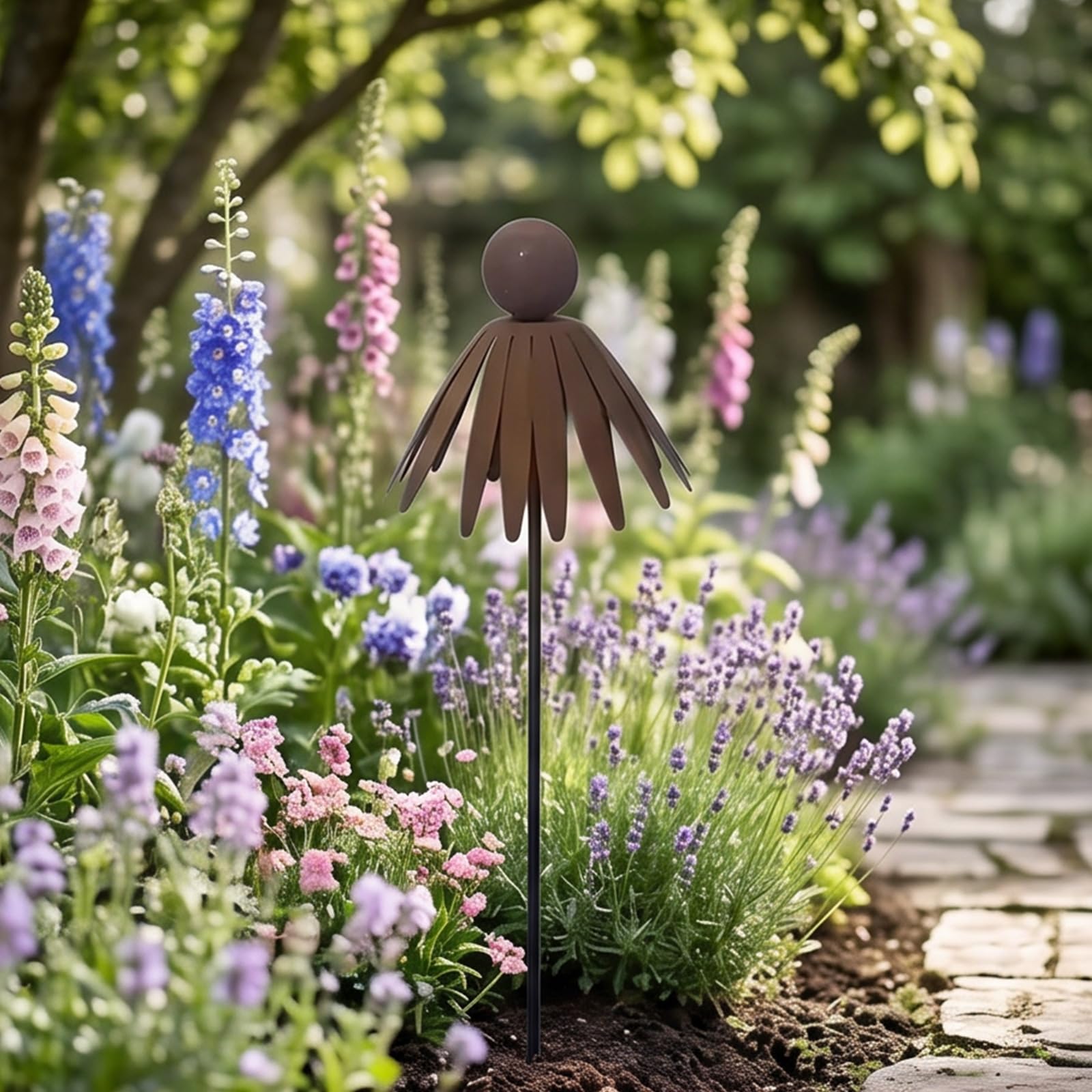 CRGANGZY Rustic Metal Coneflower Garden Stakes, 12 Inch Metal Flower Garden Stakes, Vintage Rusty Cornflower Statues Stake for Lawns Yard Patio Home Farmhouse Decoration