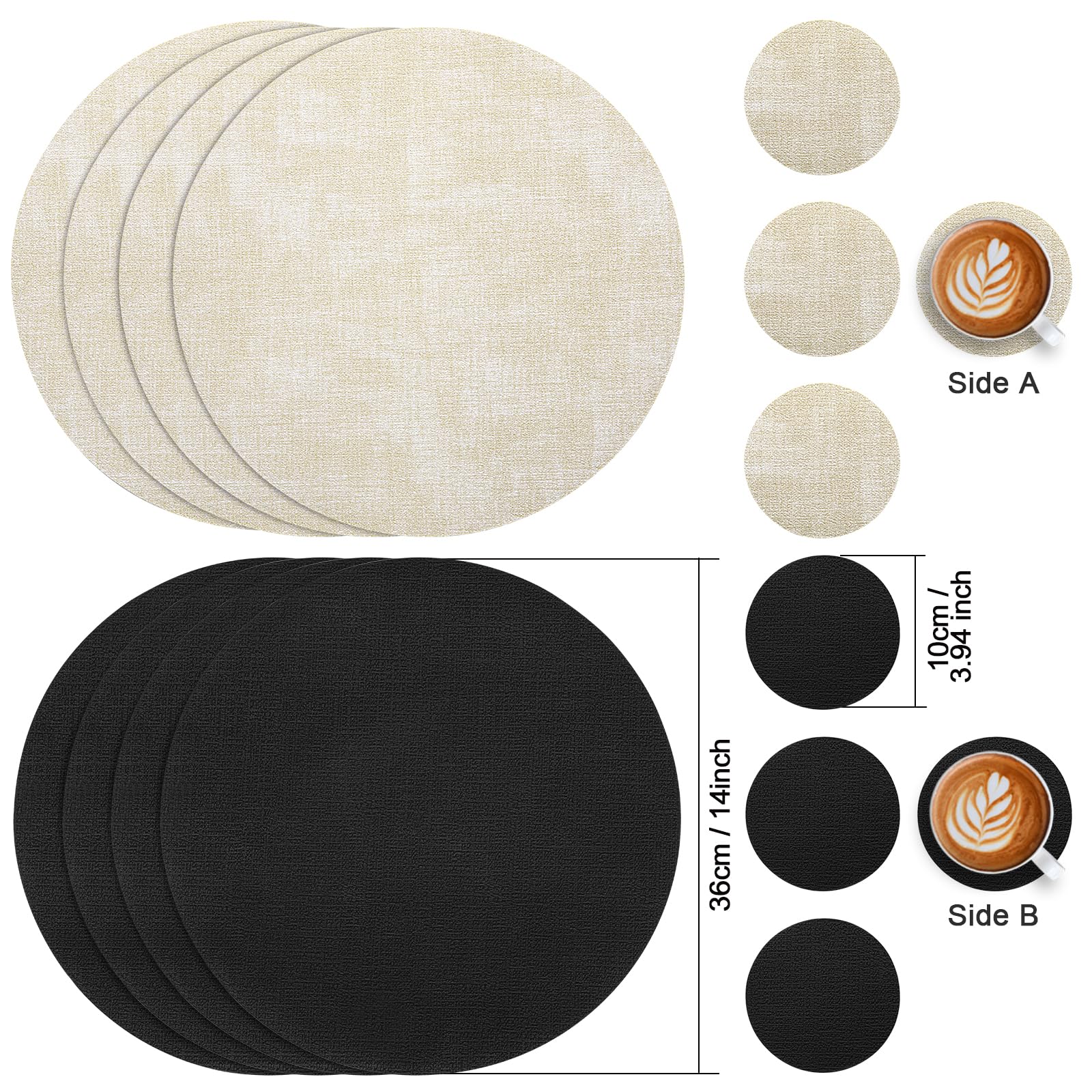 Myir JUN Tovagliette Americane e Sottobicchieri Set di 6, Tovagliette Rotonde 36 cm Tovagliette Colazione Plastica in Pelle Tovaglietta Americana Impermeabile Lavabili (Crema Nero, Set di 6)