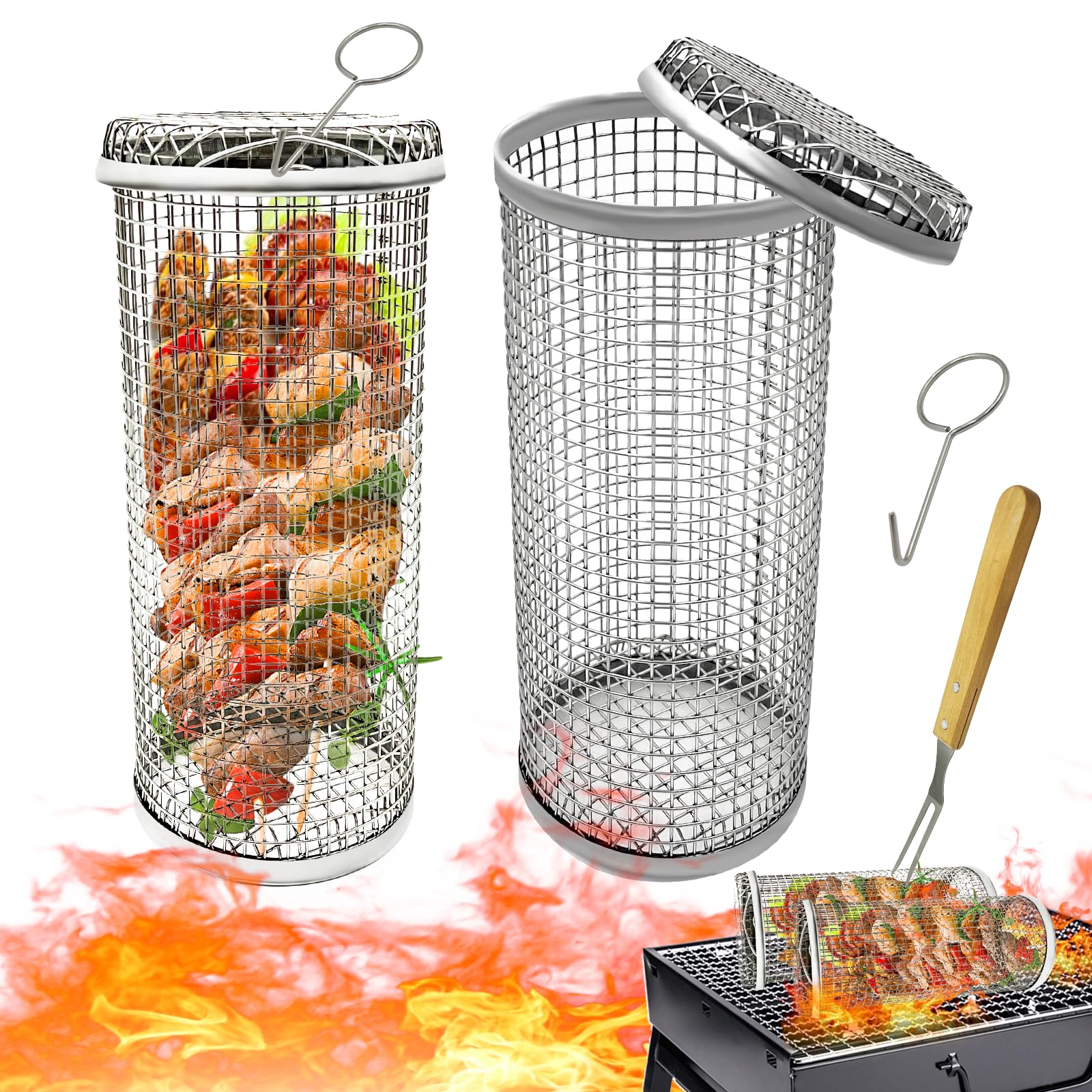 2 Packs of Rolling Grill Baskets, BBQ Grill Basket, Stainless Steel Cylindrical Outdoor Barbecue Grill Basket for Cooking Veggies, Fish, Meat, French Fries, Etc.