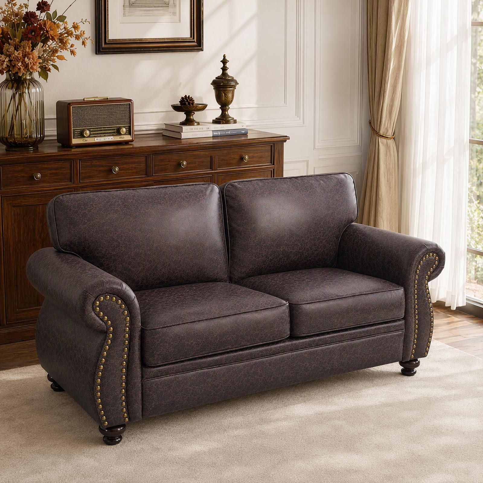 71" W Loveseat Sofa Couch, Faux Leather Fabric Sofas, Brown | Mid-Century Love Seat with Nailhead Trim, Upholstered Couch Set for Living Room Bedroom