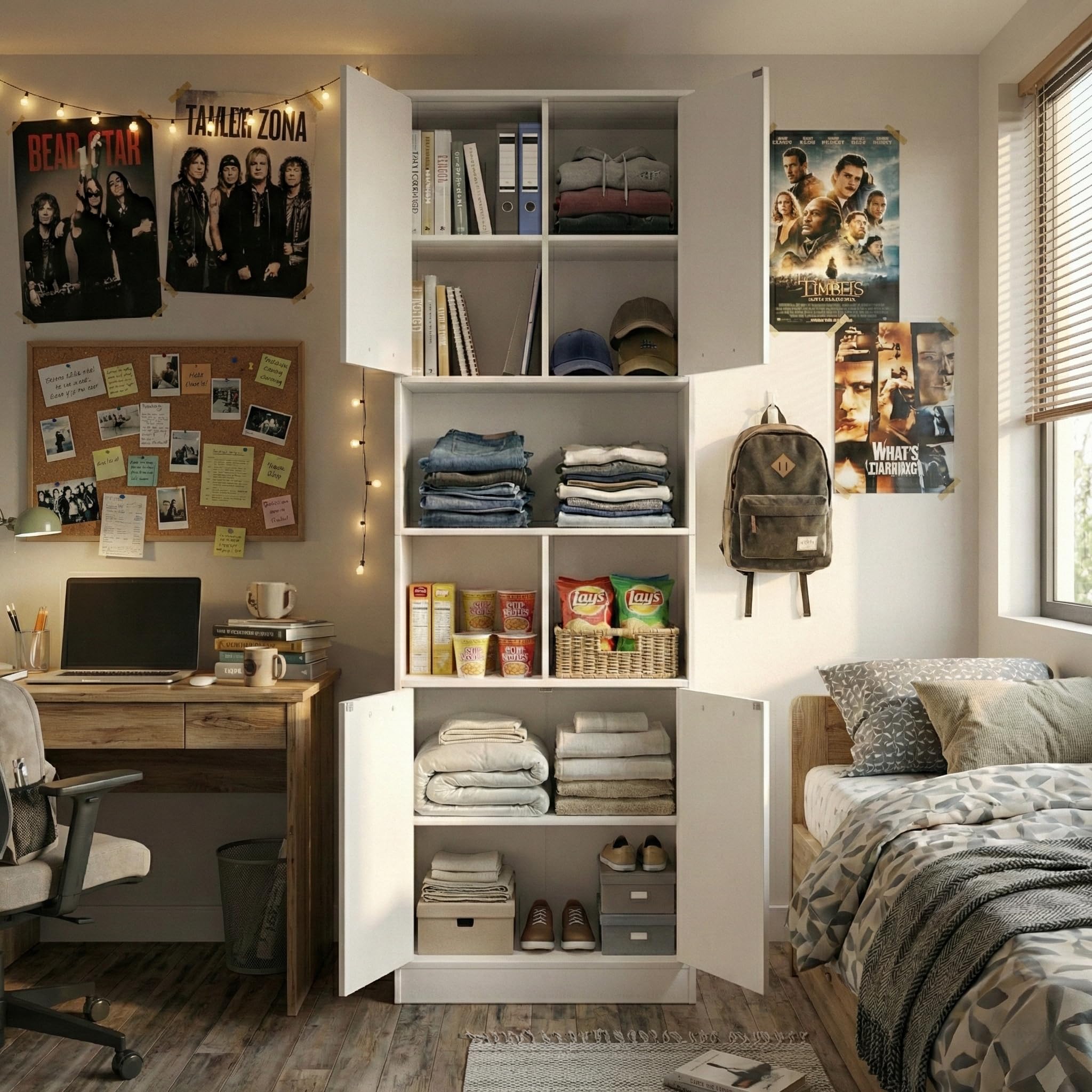 Küchenschrank Hochschrank (60x40x180,5 cm), Mehrzweckschrank mit 4 Türen & & 3 Fächern,verstellbaren Einlegeböden, Vorratsschrank für Küche, Badezimmerschrank & Wohnzimmerschrank, Weiß matt