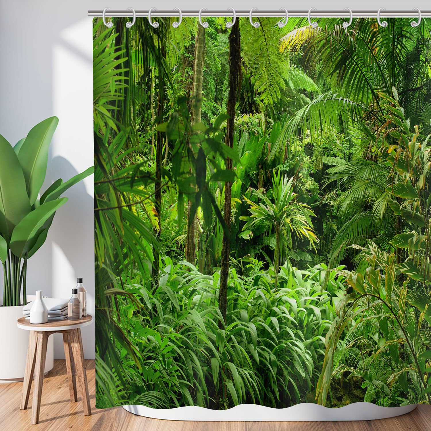 Forest Shower Curtain 150x180, Hnmdmyi Tropical Jungle Rainforest Green Tree Plant Nature Landscape Scenery Bathroom Curtains with Hooks Waterproof Polyester Fabric Washable Bath Curtains for Wet Room