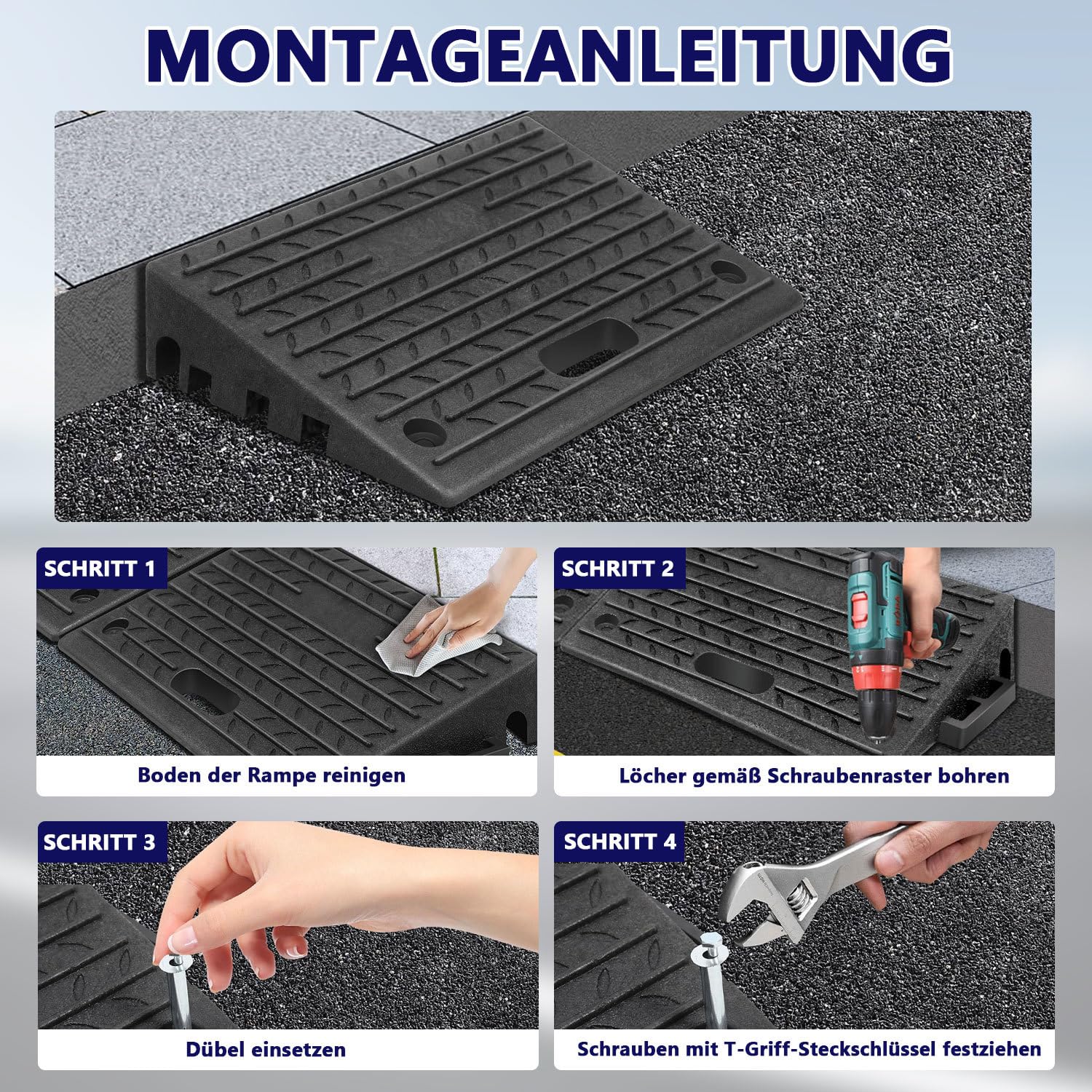 2 Stück Bordsteinrampe Gummi (10 cm hoch) – tragbar mit Griff, Auffahrrampe für Rollstuhl & Auto, rutschfeste Türschwellenrampe, max. Belastung 5 Tonnen, inkl. Montageset (50x32x10 cm)