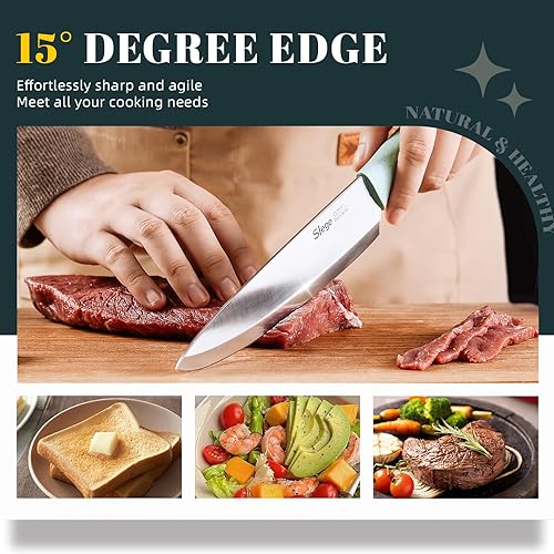 Miniatura 3 de Juego de cuchillos de cocina de 15 piezas con bloque, afilador y tijera, cuchillos de acero inoxidable con mango de paja extremadamente ligero