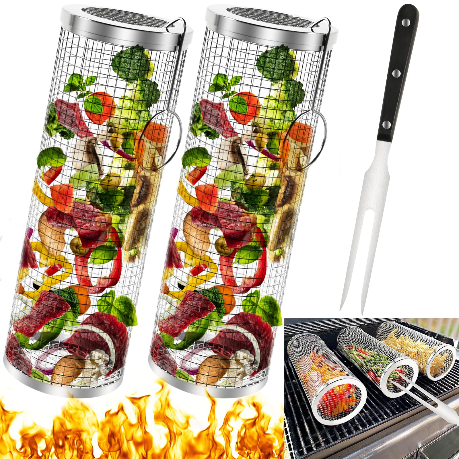 CHIVENIDO Rolling Grill Baskets with Fork, Stainless Steel Vegetable Grill Baskets for Outdoor Grill Mesh Net Tube, Barbecue Grilling Cylinder Round Grill Baskets for Veggie Fries Fish Meat, 2PCS