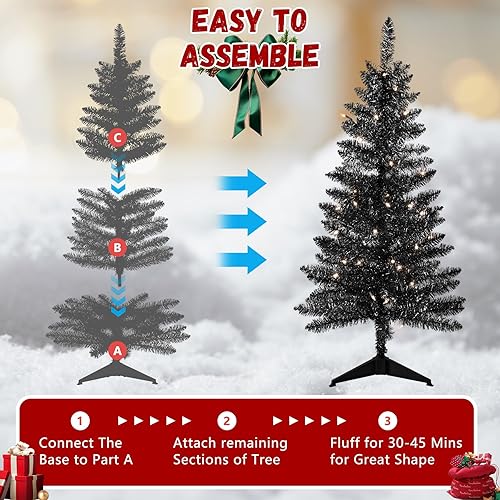 Miniatura 6 de Árbol de Navidad negro de Halloween de 4 pies, árbol de Navidad artificial con luces, 50 luces, mini árbol de mesa para el hogar, tiendas y