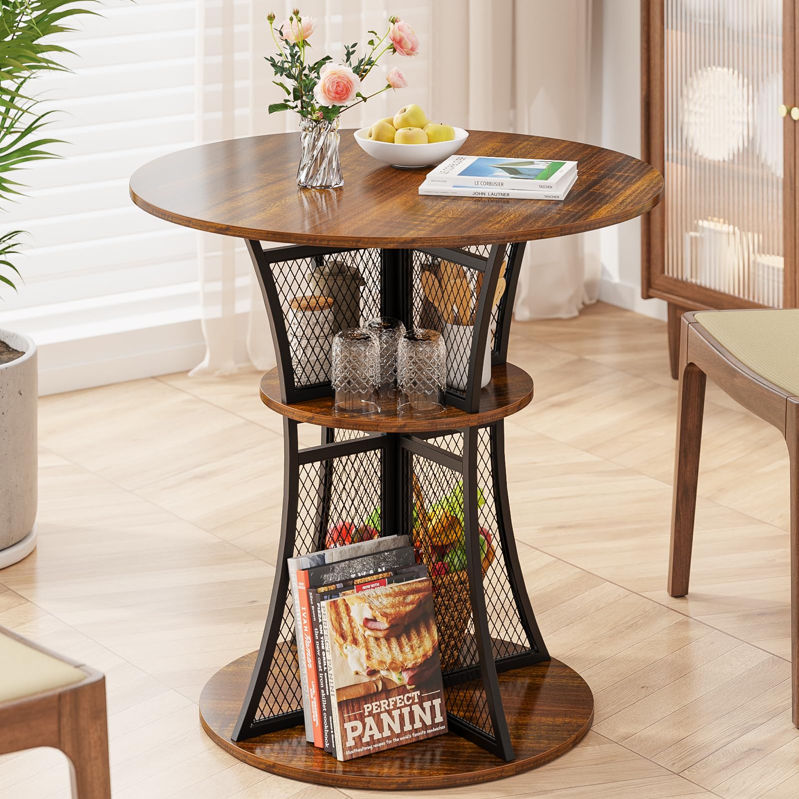 Elephance Round Dining Table Kitchen Bar Table with 2-Tier Metal Frame Storage Shelves Coffee Table for Living Room,Dining Room