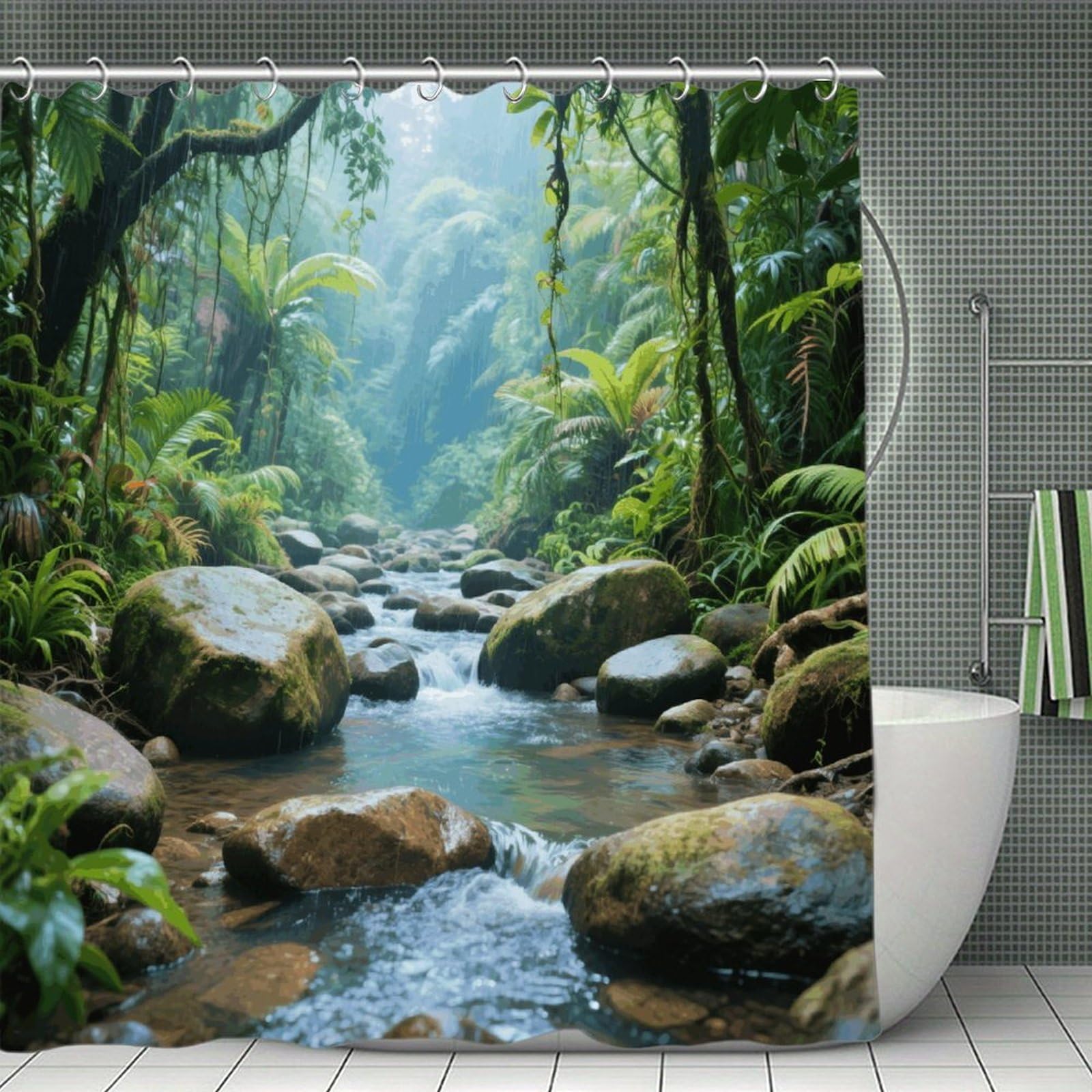 VstaDank Rainforest Stream Beach Shower Curtain Waterproof Bathroom Shower Curtain with C Type Hooks Soft Lightweight Shower Curtains Liner Washable Polyester Cloth Shower Liner 71x71 Inch
