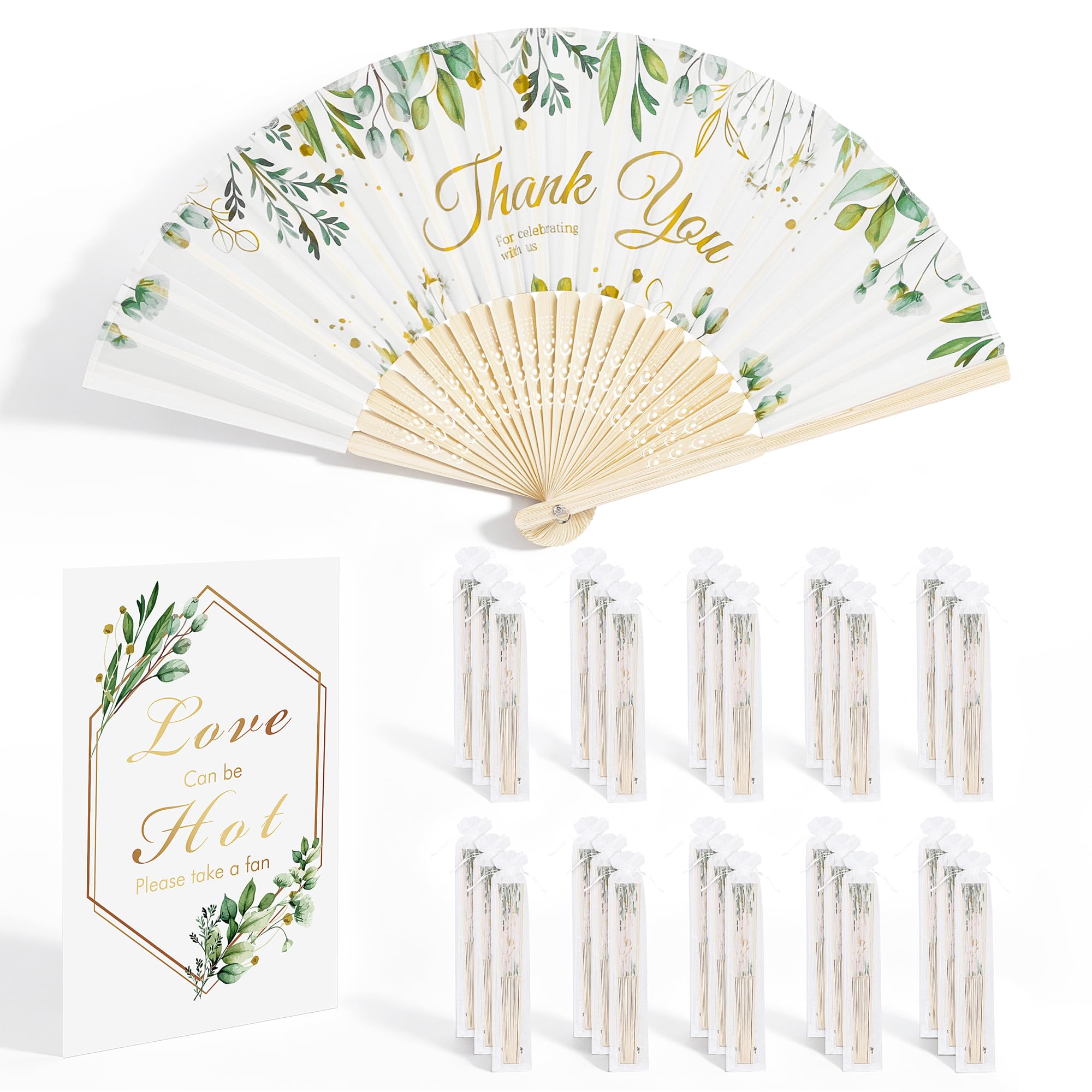 Aneco 30 Sets grüne Blätter Hochzeit Faltfächer Bambus Handfächer mit Organzabeuteln Tischschild Dankeschön Vintage Seide Handfächer für Brautdusche Hochzeit Party Dekorationen