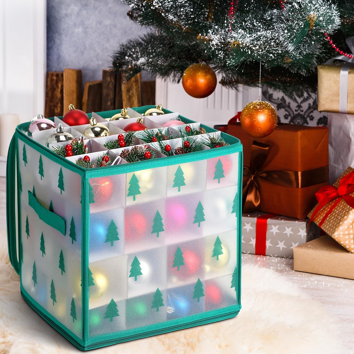 Saintrygo 4 Pcs Christmas Ornament Storage Box with 64 Compartment Zippered Bauble Storage Containers, Vinyl Plastic Ornament Box with Handles, 12 Inch (Tree Style)