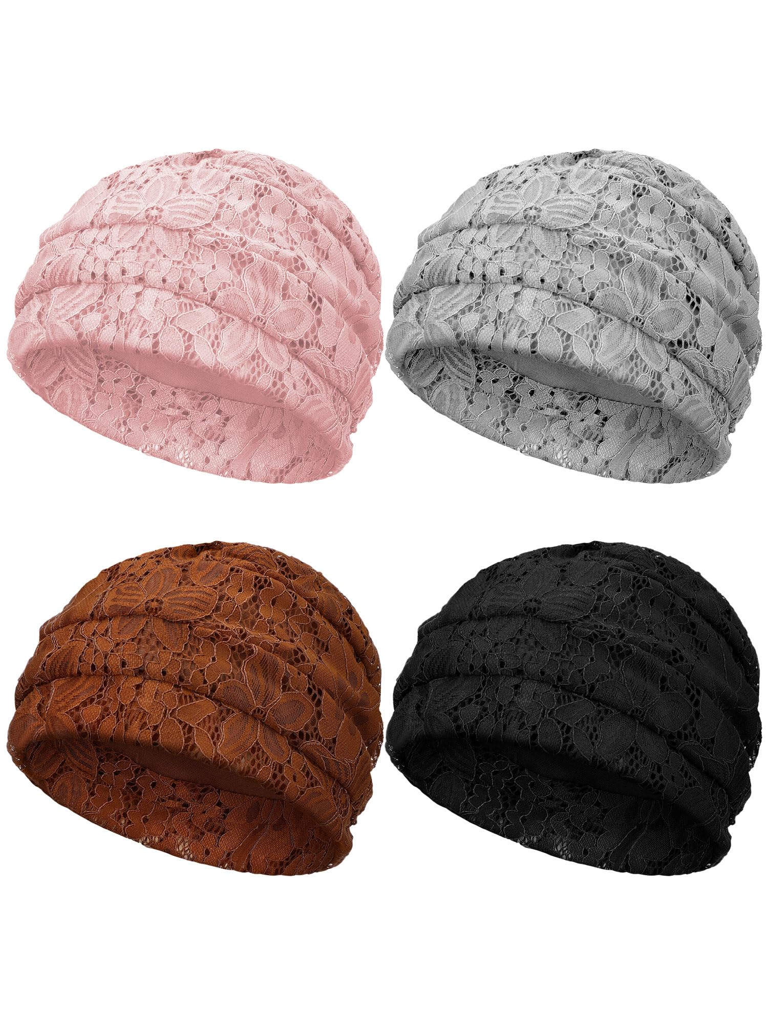 Geyoga 4 Pcs Chemo Turban Headwear for Women Soft Slouchy Cancer Headwear Elastic Sleep Cap with Flower Design