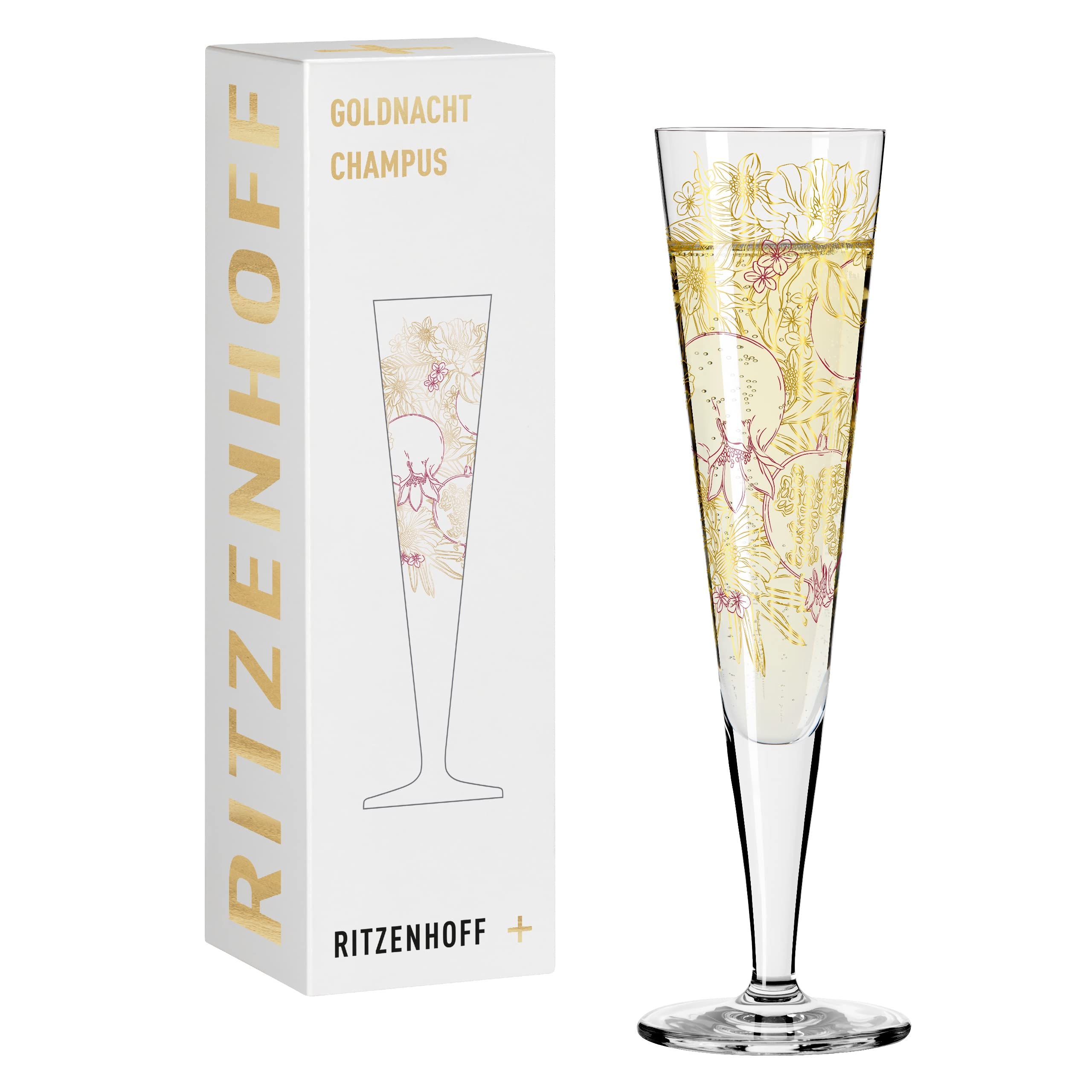 Ritzenhoff 1071031 Champagne Glass 200 ml – Goldnacht No. 31 Series – Orchid Motif with Real Gold – Made in Germany