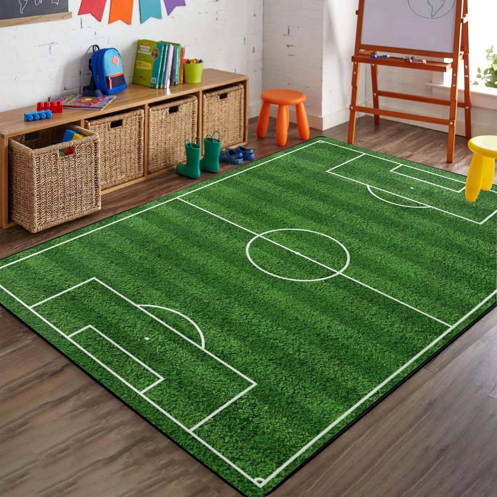 Bycmuoz Green Grass Soccer Field Boys Bedroom Rug, 160x230cm, Football Court Sports Enthusiasts Floor Rugs, Machine Washable Foldable No Crease Absorbent Carpet for Nursery Dorm Family