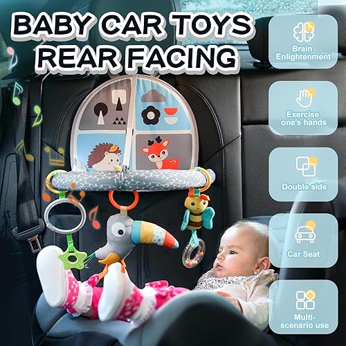 Miniatura 3 de Juguetes de asiento de automóvil, juguetes musicales para asientos de automóvil para bebés de 0 a 6 meses, juguetes de viaje para bebés con espejo