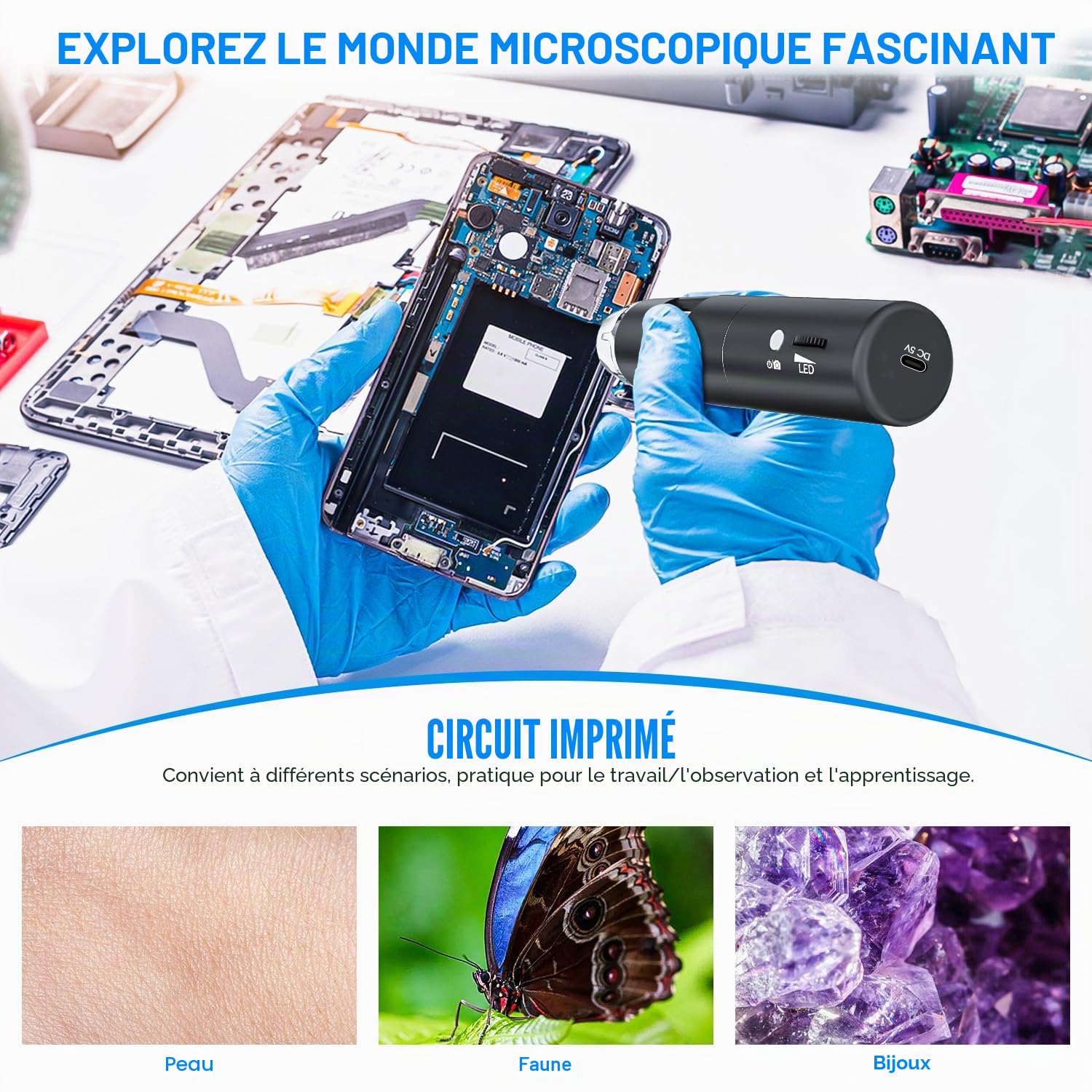Microscope numérique Wi-FI, loupe SKYBASIC 1000X/microscope numérique Portable pour Adultes avec 8 LED pour Smartphones et Ordinateurs Android et iOS