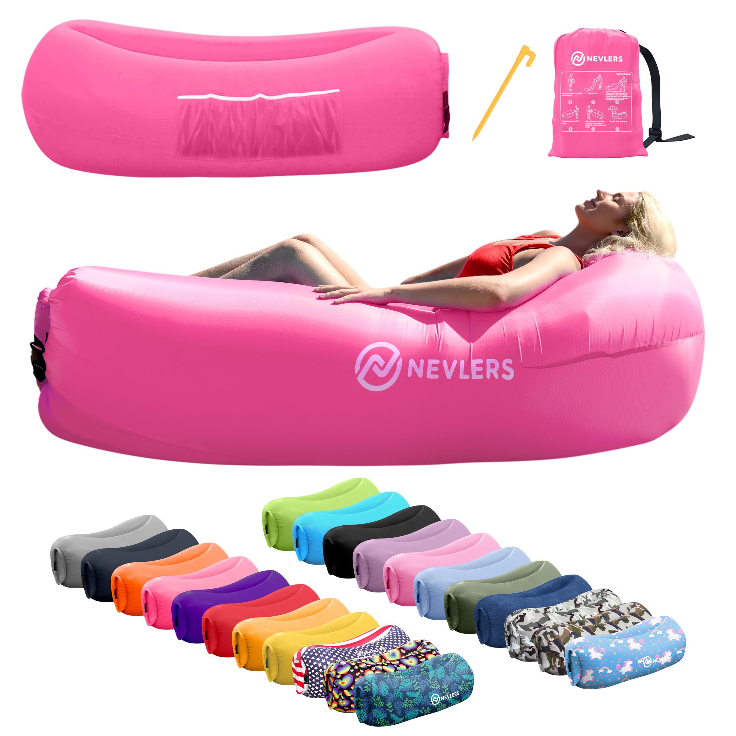 Nevlers 450Lbs Cap Outdoor Inflatable Couch for Camping in Pink | Tough 210T Polyester Air Chair Inflatable Lounger | Inflatable Chairs for Movie Night, Hiking, Travel Beach Chair & Portable Hammock