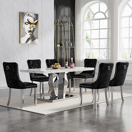 Miniatura 25 de Juego de 5 mesas de comedor de mármol sintético, juego de mesa de cocina y comedor para 4, mesa de comedor rectangular blanca de 70 pulgadas con